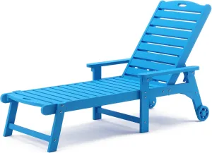 LUE BONA Outdoor Chaise Lounge, HDPS Material, 3-Year Warranty, Patio Lounge Chair with Adjustable Backrest, Resin Pool Lounge Chairs with Wheels for Outside, Poolside, Beach, Backyard, Garden, Blue