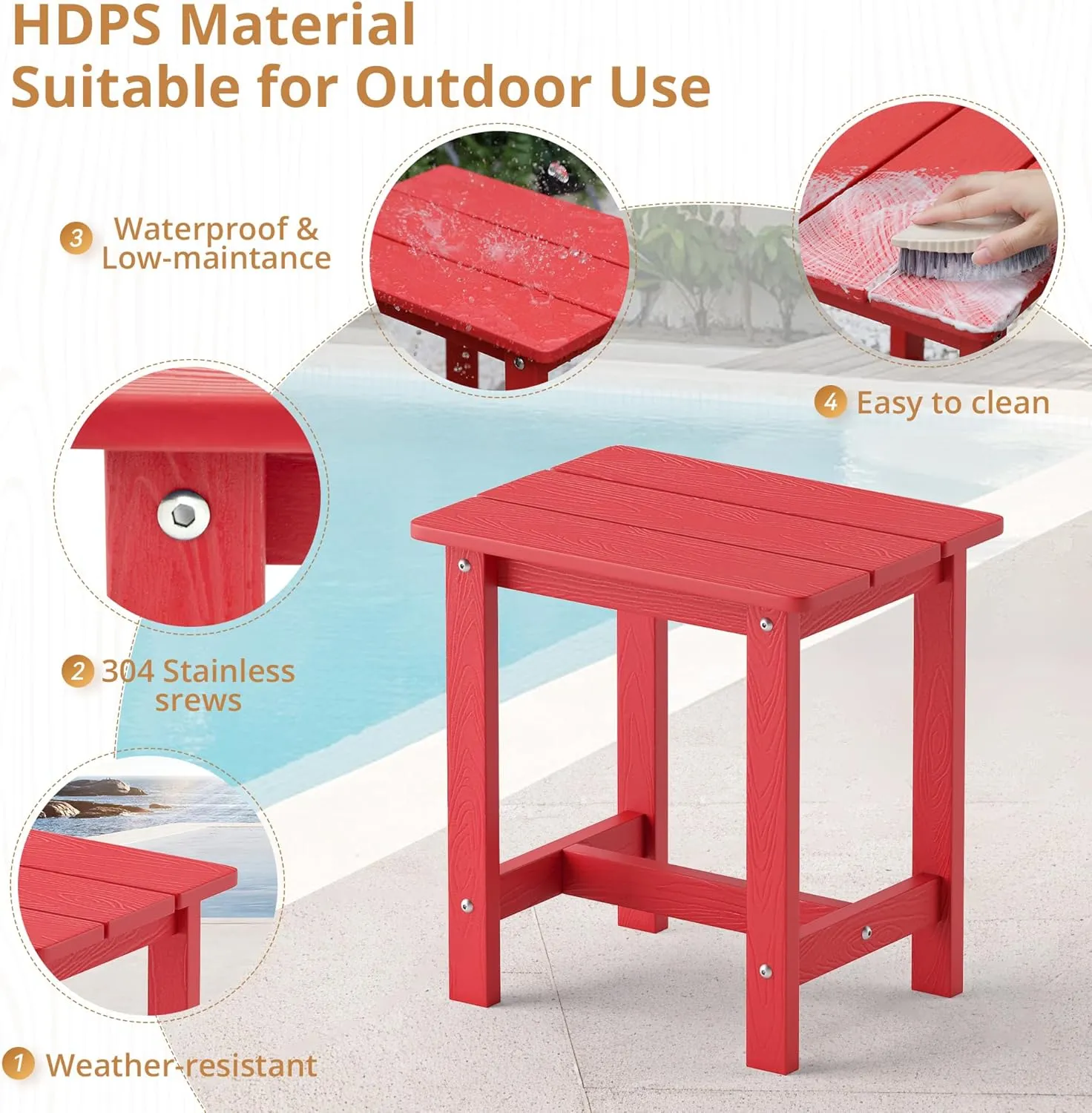 LUE BONA Outdoor Side Table, HDPS Small Adirondack End Table for Patio, Porch, Deck, Weather Resistant, Easy Maintenance, Indoor or Outdoor Use, Bright Red
