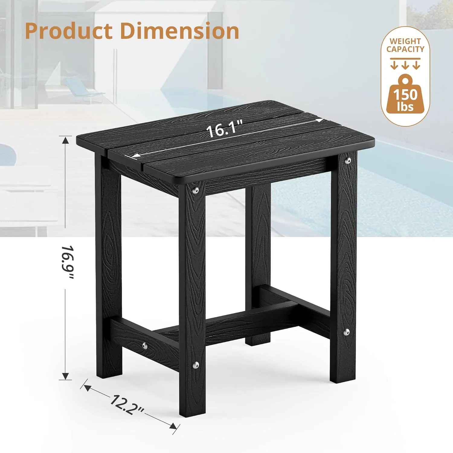 LUE BONA Outdoor Side Table, HDPS Small Outdoor Adirondack Side Tables, Outside End Table for Patio, Porch, Deck, Pool, Weather Resistant/Easy Maintenance, Black