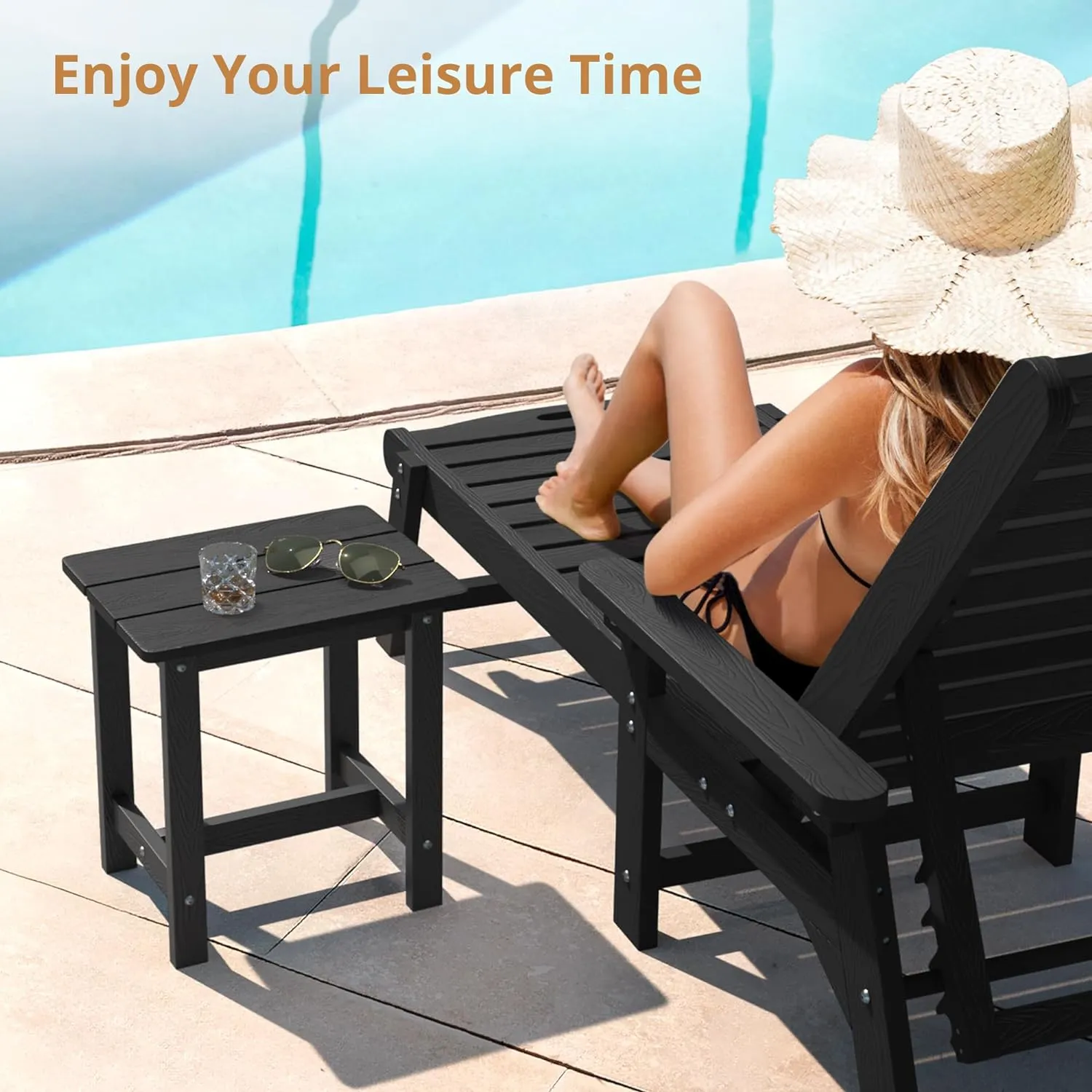 LUE BONA Outdoor Side Table, HDPS Small Outdoor Adirondack Side Tables, Outside End Table for Patio, Porch, Deck, Pool, Weather Resistant/Easy Maintenance, Black
