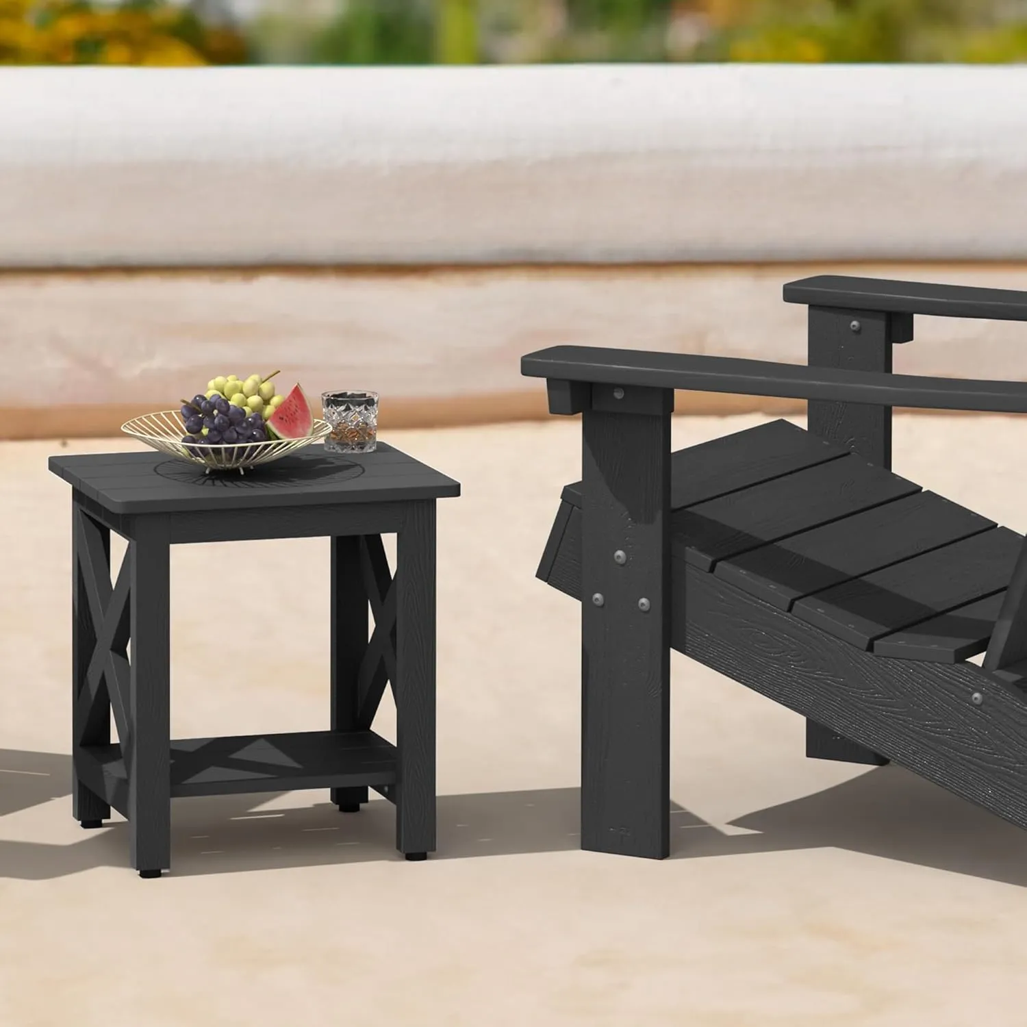 LUE BONA Small Outdoor Side Table, HDPS Adirondack Patio End Table with 2 Tier for Porch, Pool, Garden, Weather Resistant, Indoor or Outdoor Use, Black