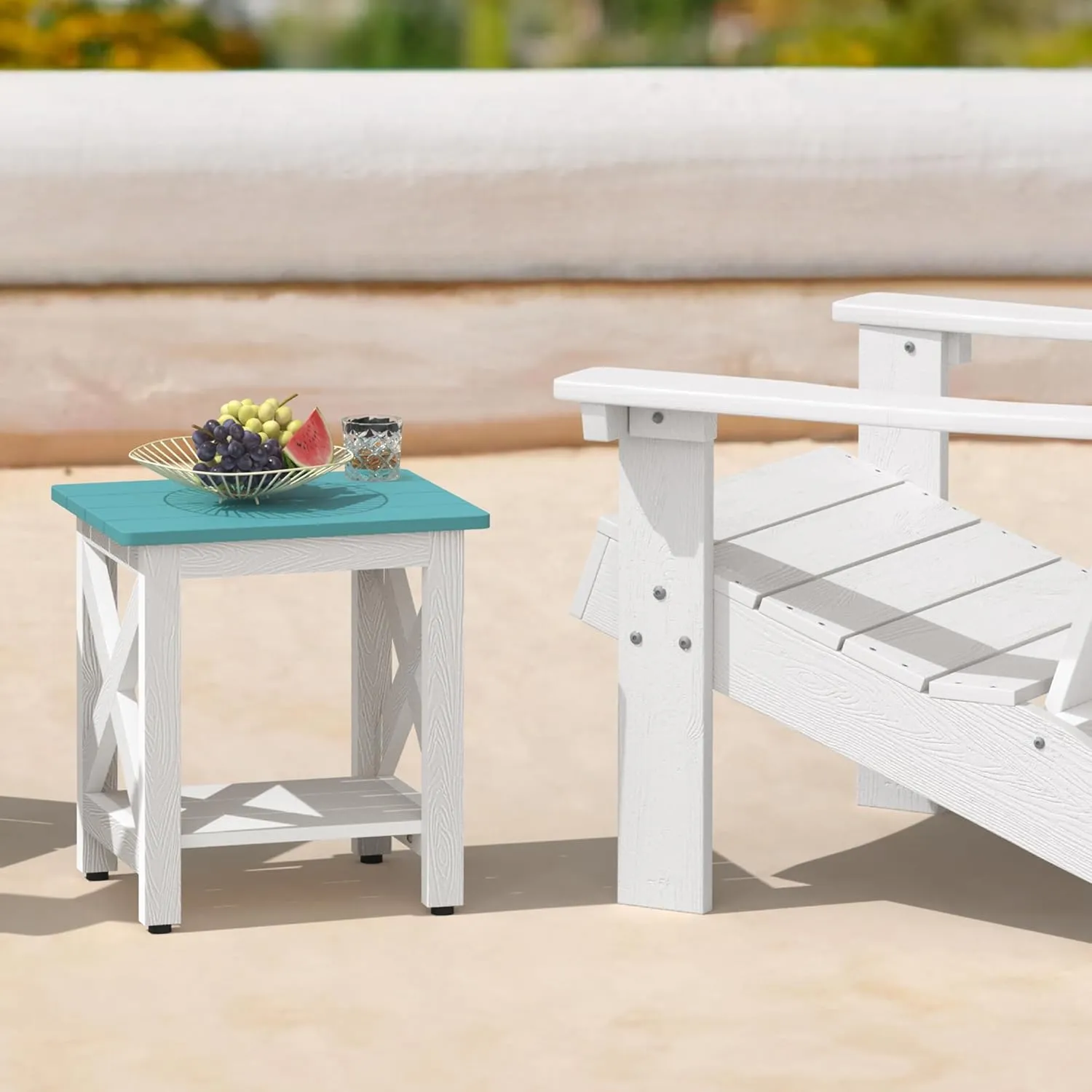 LUE BONA Small Outdoor Side Table, HDPS Adirondack Patio End Table with 2 Tier for Porch, Pool, Garden, Weather Resistant, Indoor or Outdoor Use, Blue Turquoise