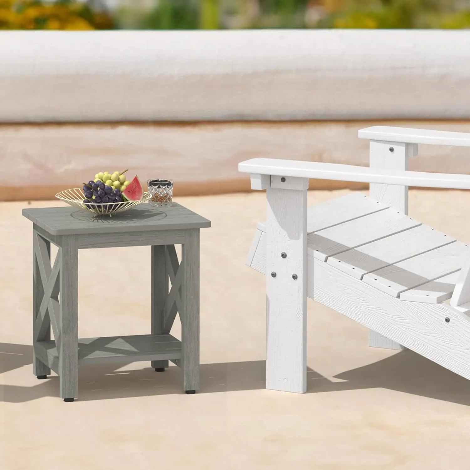 LUE BONA Small Outdoor Side Table, HDPS Adirondack Patio End Table with 2 Tier for Porch, Pool, Garden, Weather Resistant, Indoor or Outdoor Use, Grey