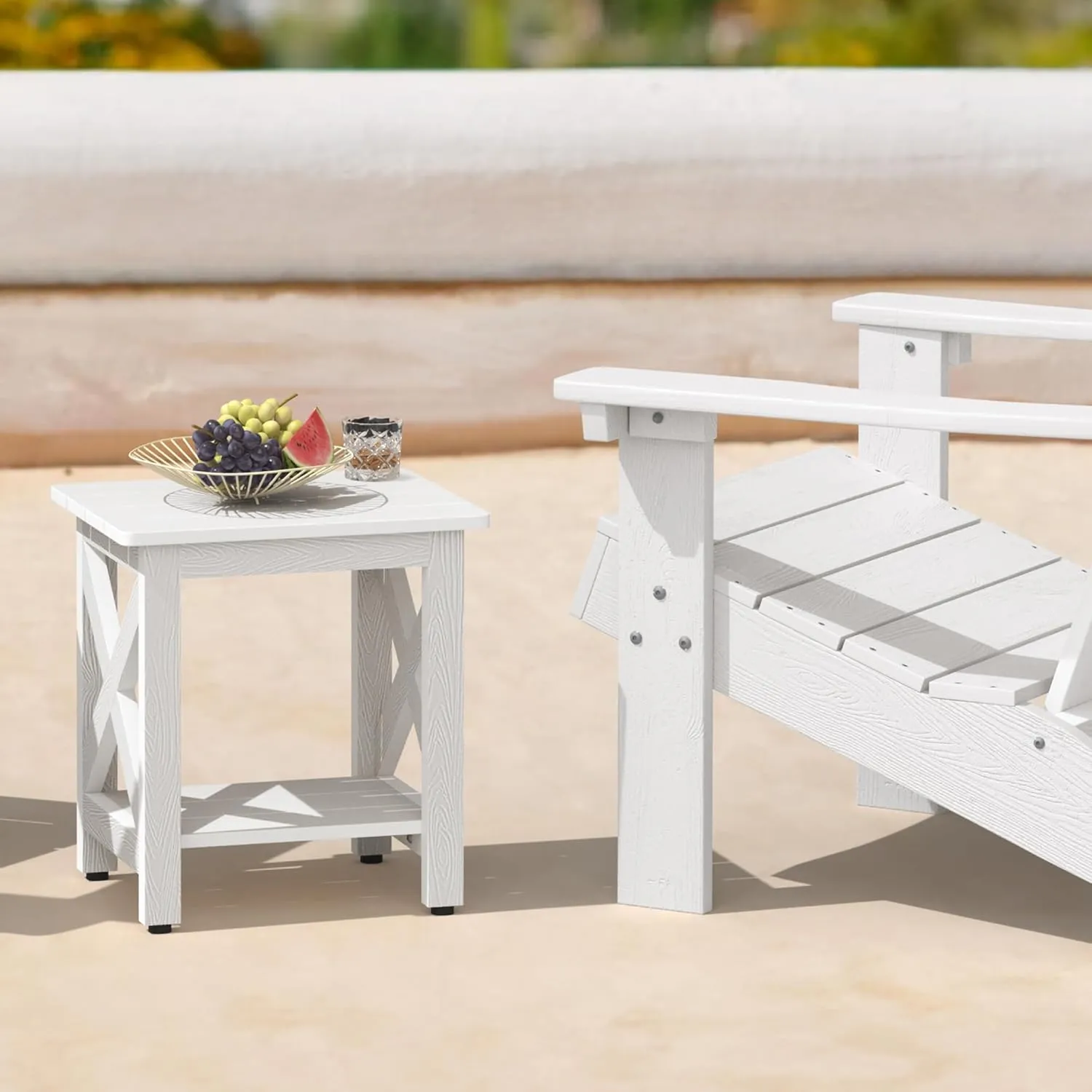 LUE BONA Small Outdoor Side Table, HDPS Adirondack Patio End Table with 2 Tier for Porch, Pool, Garden, Weather Resistant, Indoor or Outdoor Use, White