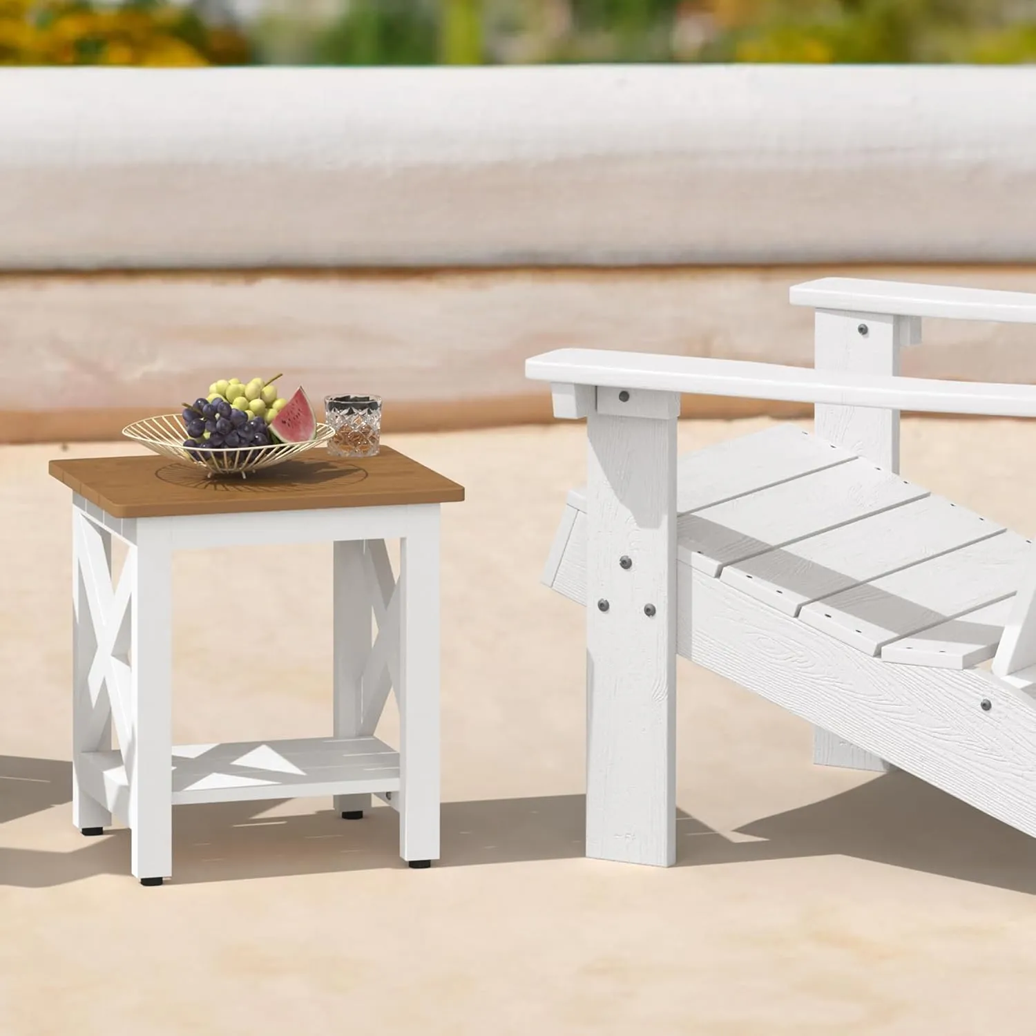 LUE BONA Small Outdoor Side Table, HDPS Adirondack Patio End Table with 2 Tier for Porch, Pool, Garden, Weather Resistant, Indoor or Outdoor Use,Teak