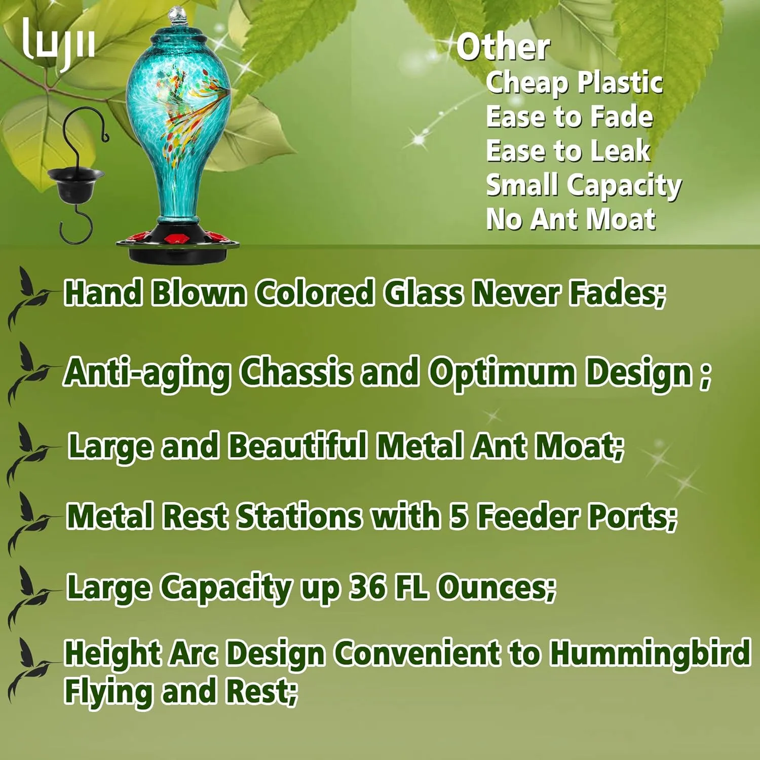 LUJII Hummingbird Feeder, Hand Blown Glass Hummingbird Feeder, Never Fade, 36 Fluid Ounces, 5 Feeding Metal Stations, Much Bigger, Garden Backyard Decorative, Containing Ant Moat (Blue)