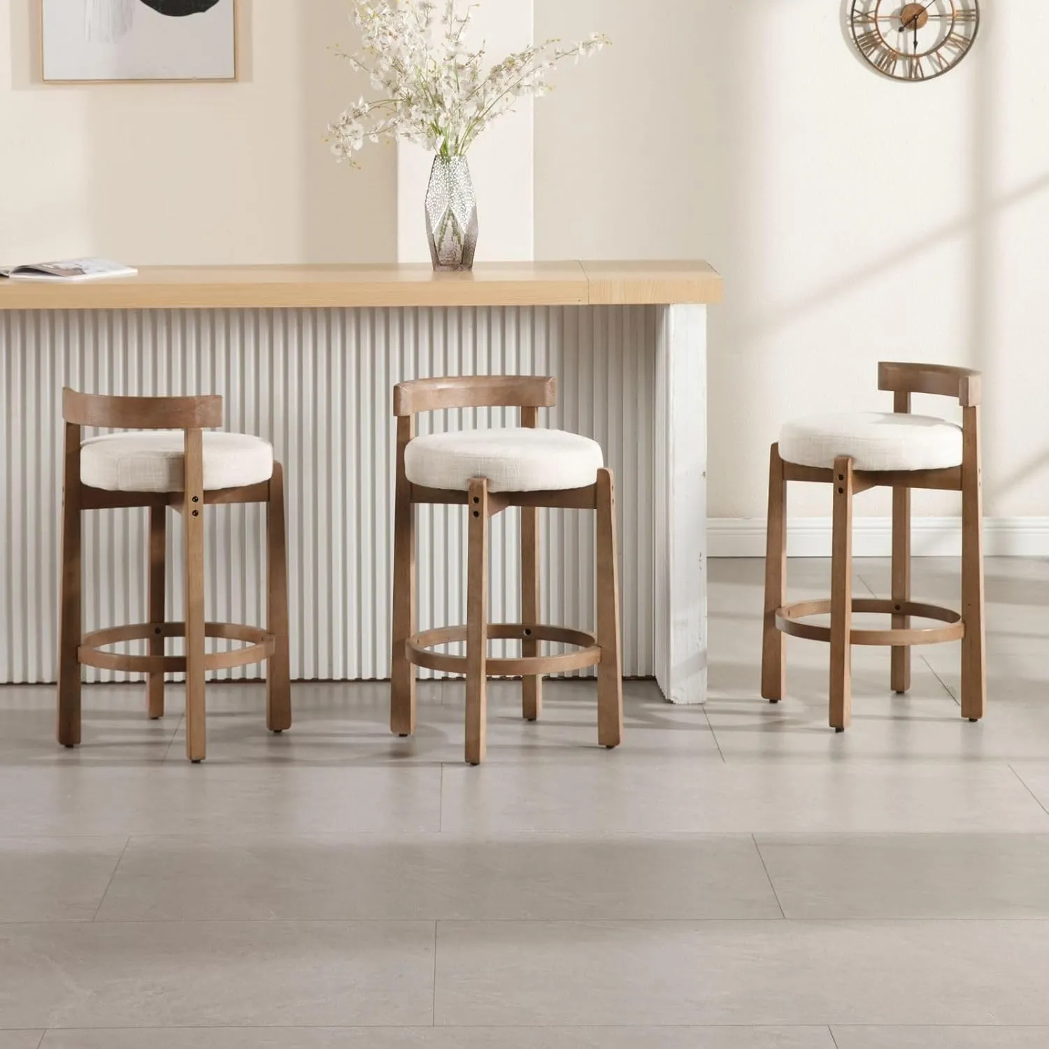 LukeAlon Mid Century Linen Counter Stools Set of 2, Upholstered 26.5” Seat Height Low Barstools with Natural Wood Legs Round Low Back Kitchen Stools with Footrest for Dining Room, Beige
