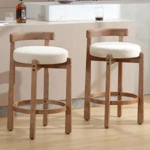 LukeAlon Mid Century Linen Counter Stools Set of 2, Upholstered 26.5” Seat Height Low Barstools with Natural Wood Legs Round Low Back Kitchen Stools with Footrest for Dining Room, Beige