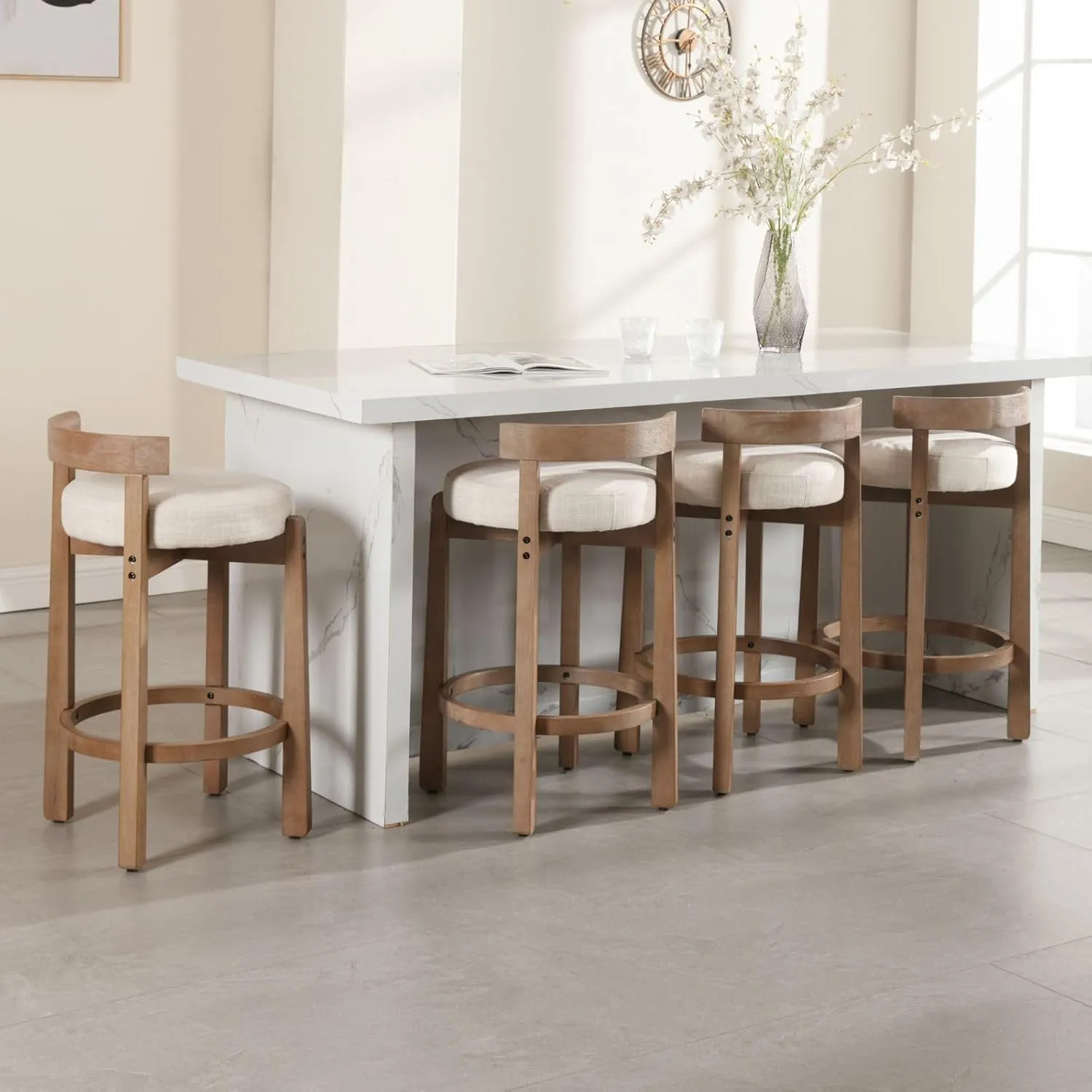 LukeAlon Mid Century Linen Counter Stools Set of 2, Upholstered 26.5” Seat Height Low Barstools with Natural Wood Legs Round Low Back Kitchen Stools with Footrest for Dining Room, Beige