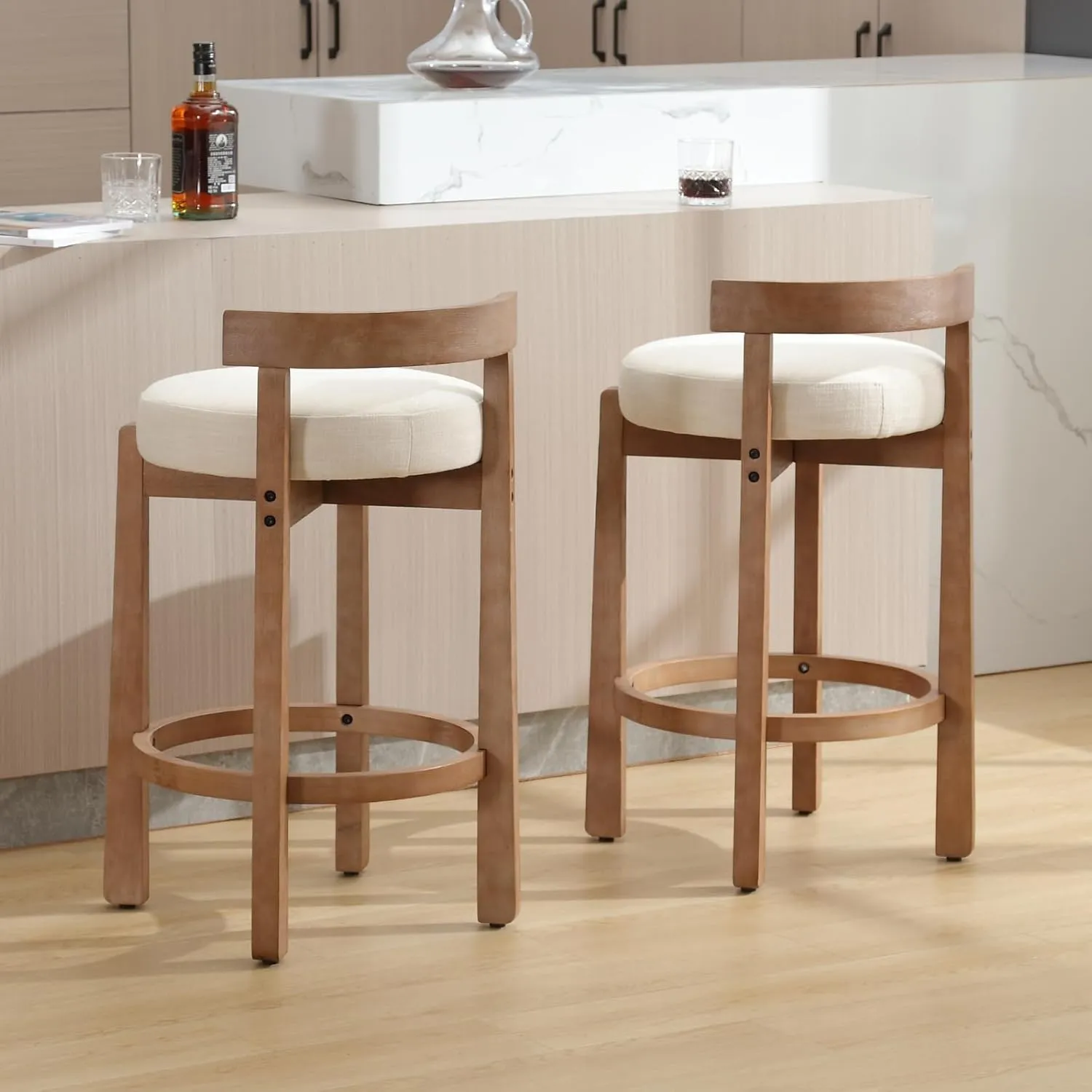 LukeAlon Mid Century Linen Counter Stools Set of 2, Upholstered 26.5” Seat Height Low Barstools with Natural Wood Legs Round Low Back Kitchen Stools with Footrest for Dining Room, Beige