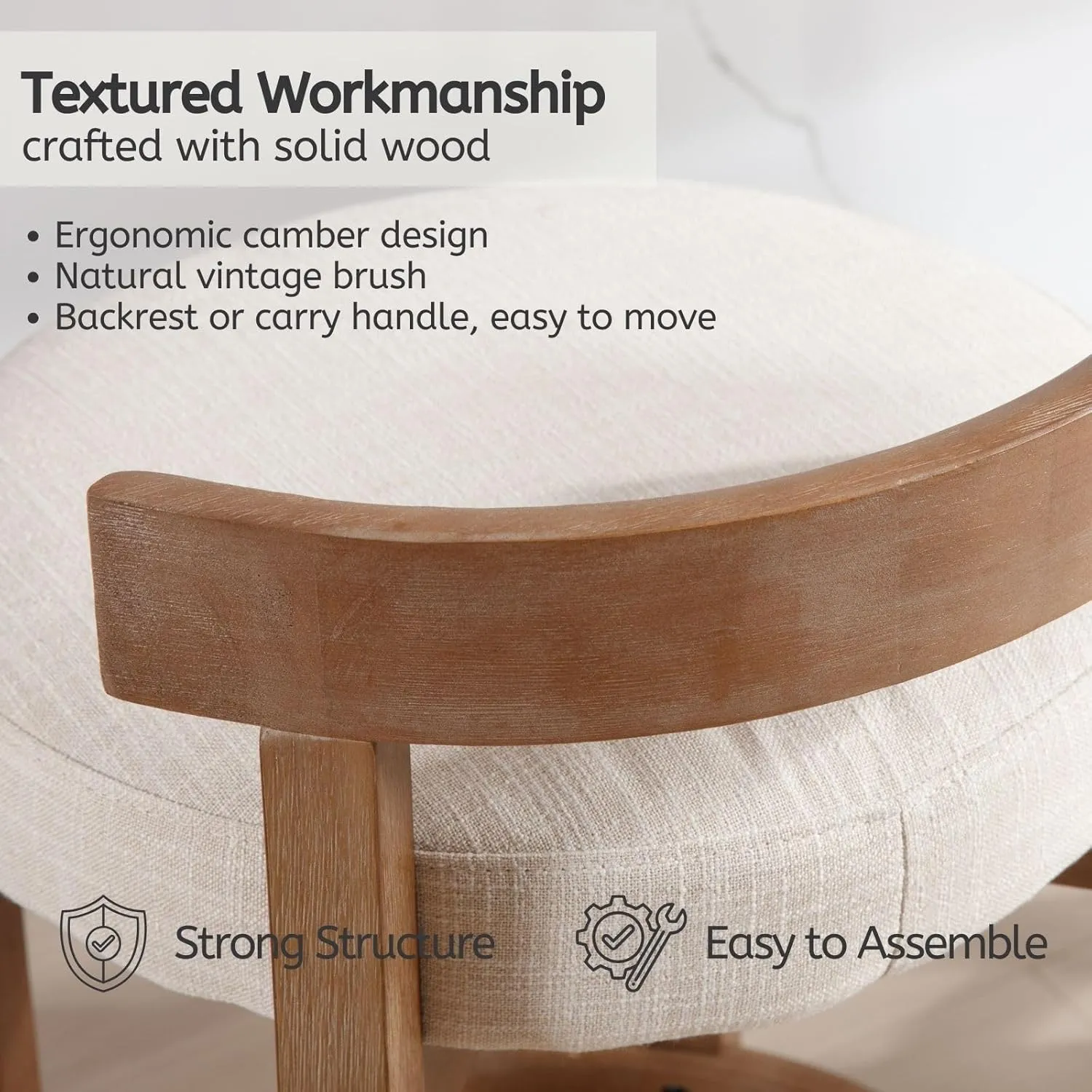 LukeAlon Mid Century Linen Counter Stools Set of 2, Upholstered 26.5” Seat Height Low Barstools with Natural Wood Legs Round Low Back Kitchen Stools with Footrest for Dining Room, Beige