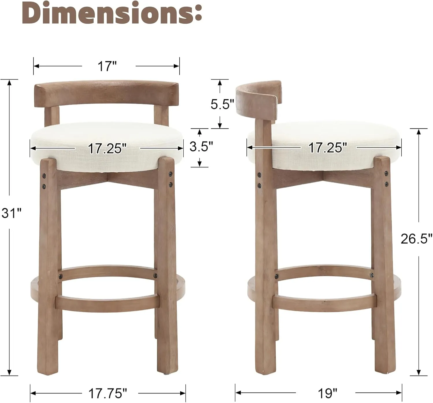 LukeAlon Mid Century Linen Counter Stools Set of 2, Upholstered 26.5” Seat Height Low Barstools with Natural Wood Legs Round Low Back Kitchen Stools with Footrest for Dining Room, Beige