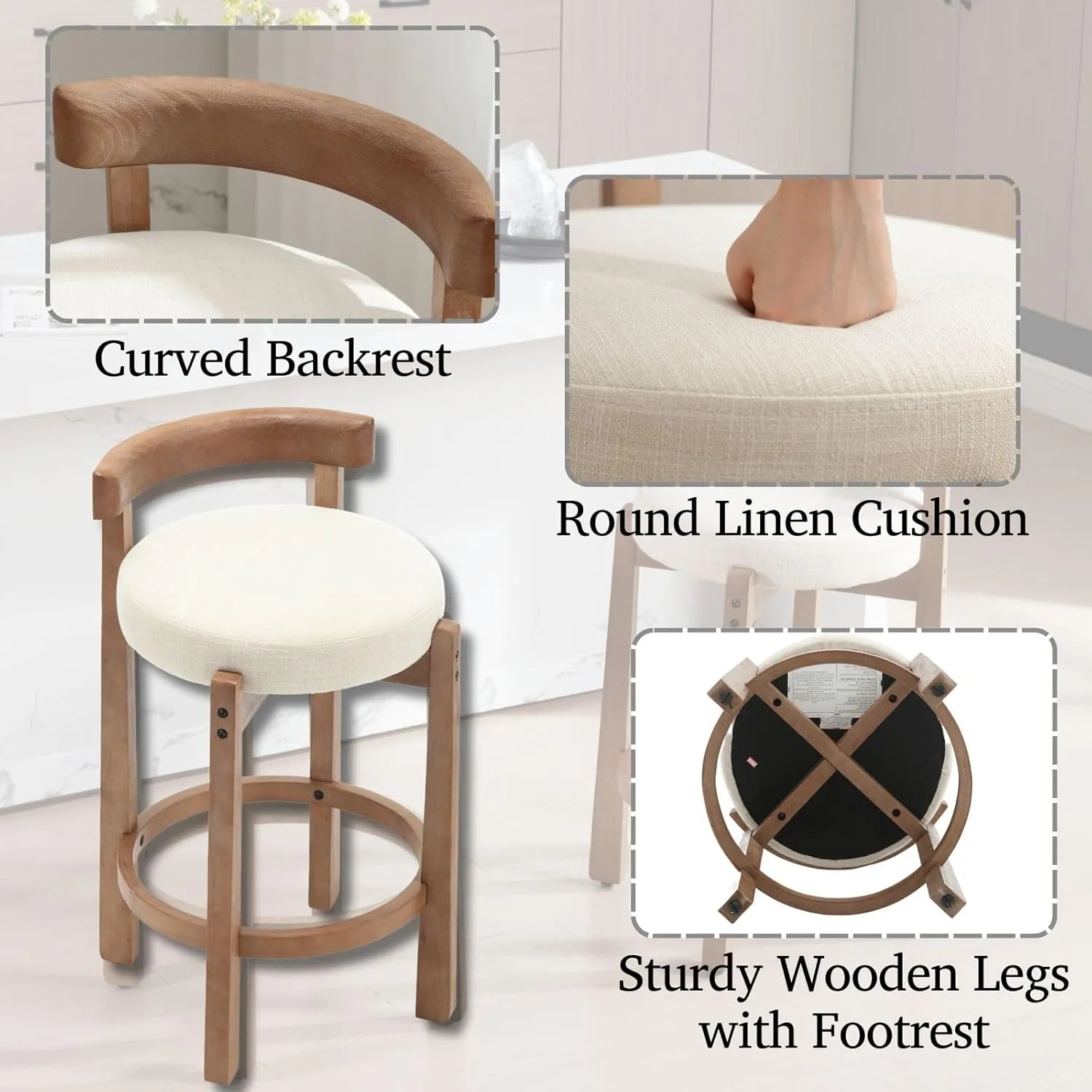 LukeAlon Mid Century Linen Counter Stools Set of 2, Upholstered 26.5” Seat Height Low Barstools with Natural Wood Legs Round Low Back Kitchen Stools with Footrest for Dining Room, Beige