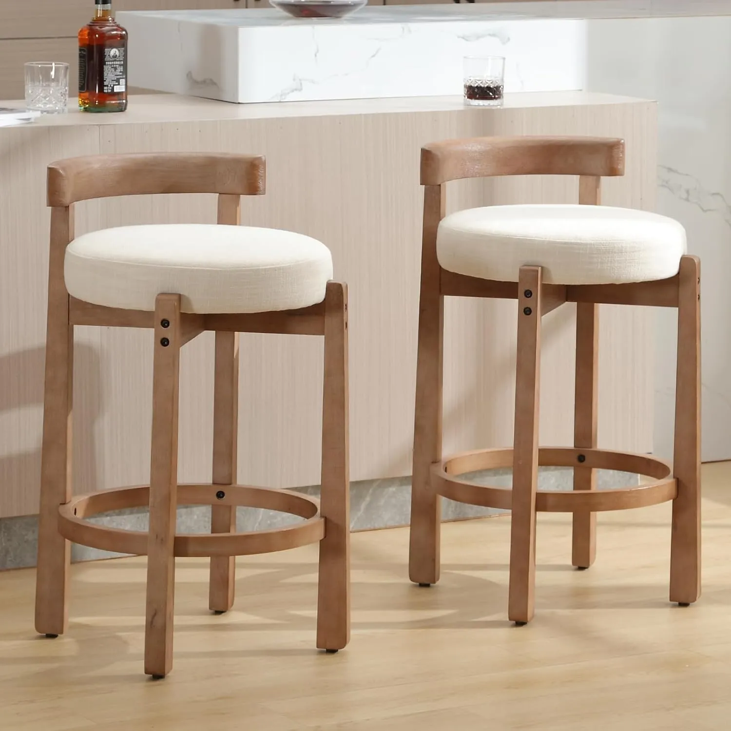 LukeAlon Mid Century Linen Counter Stools Set of 2, Upholstered 26.5” Seat Height Low Barstools with Natural Wood Legs Round Low Back Kitchen Stools with Footrest for Dining Room, Beige