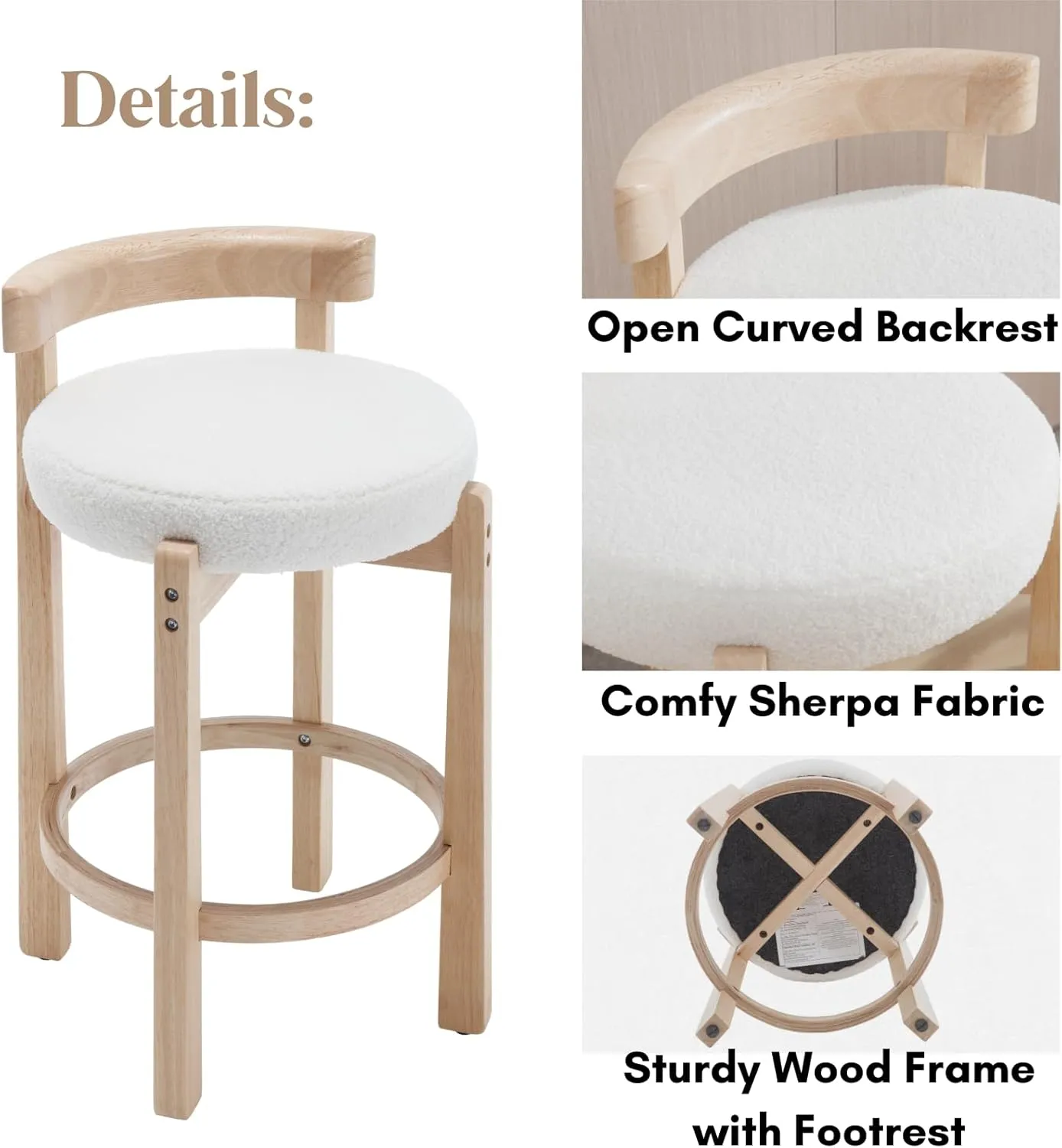 LukeAlon Sherpa Counter Stools Set of 2, Mid Century Upholstered 26.5" Seat Height Low Barstools with Natural Wood Legs Round Low Back Kitchen Stools with Footrest for Dining Room, White
