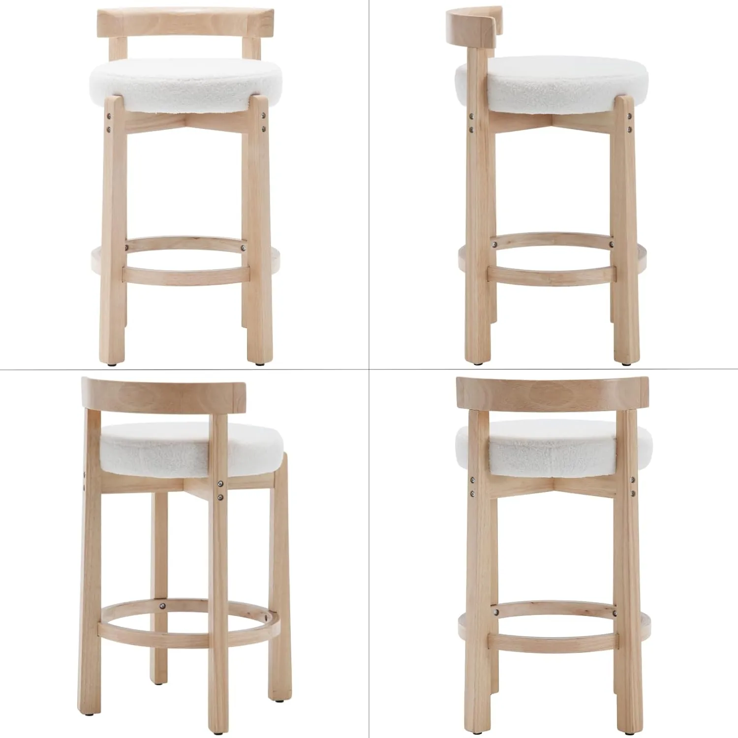 LukeAlon Sherpa Counter Stools Set of 2, Mid Century Upholstered 26.5" Seat Height Low Barstools with Natural Wood Legs Round Low Back Kitchen Stools with Footrest for Dining Room, White