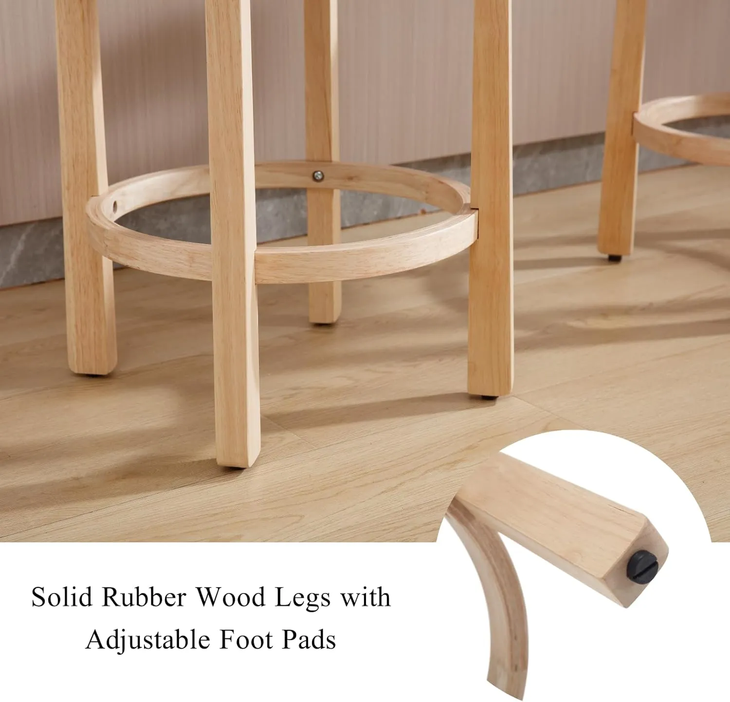 LukeAlon Sherpa Counter Stools Set of 2, Mid Century Upholstered 26.5" Seat Height Low Barstools with Natural Wood Legs Round Low Back Kitchen Stools with Footrest for Dining Room, White