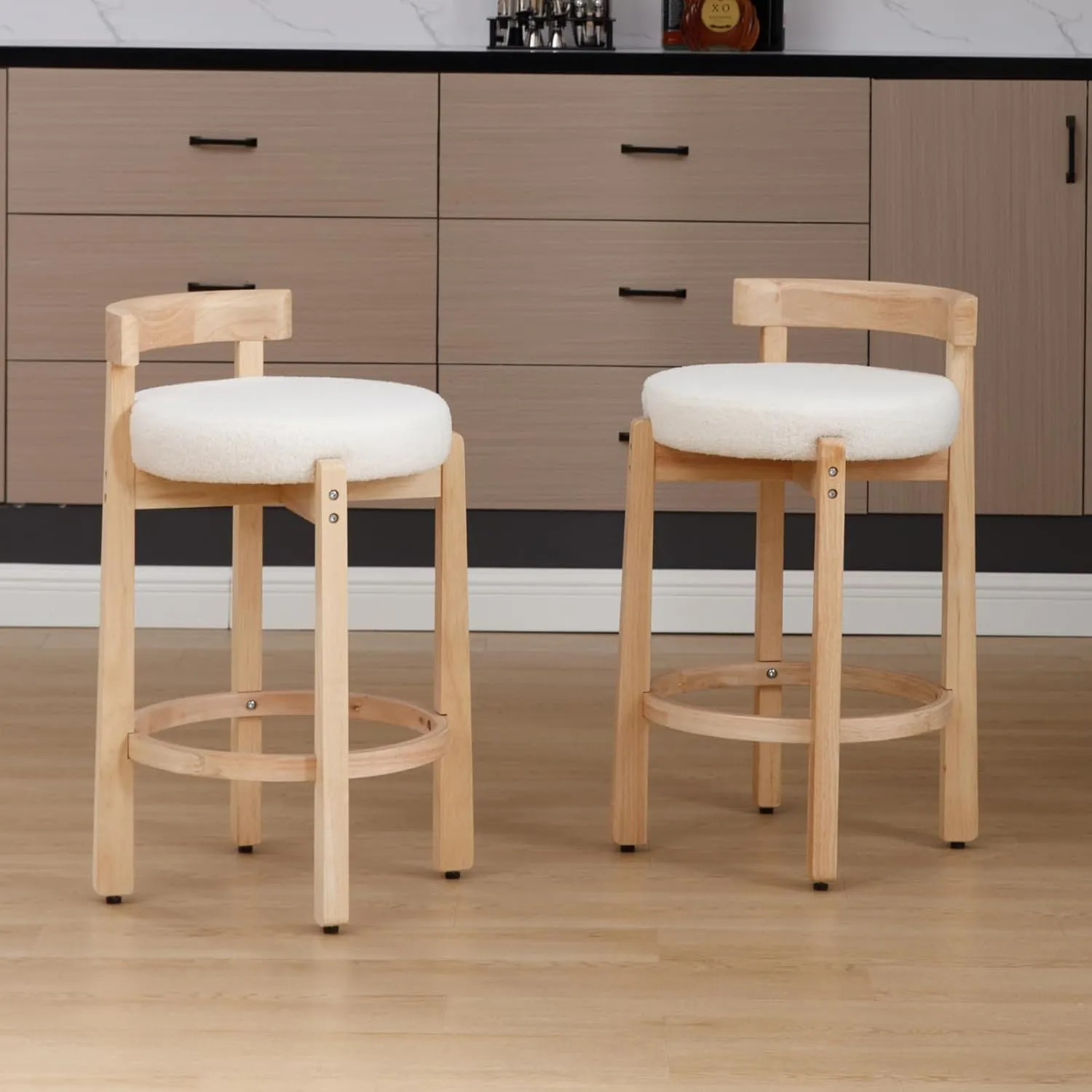 LukeAlon Sherpa Counter Stools Set of 2, Mid Century Upholstered 26.5" Seat Height Low Barstools with Natural Wood Legs Round Low Back Kitchen Stools with Footrest for Dining Room, White