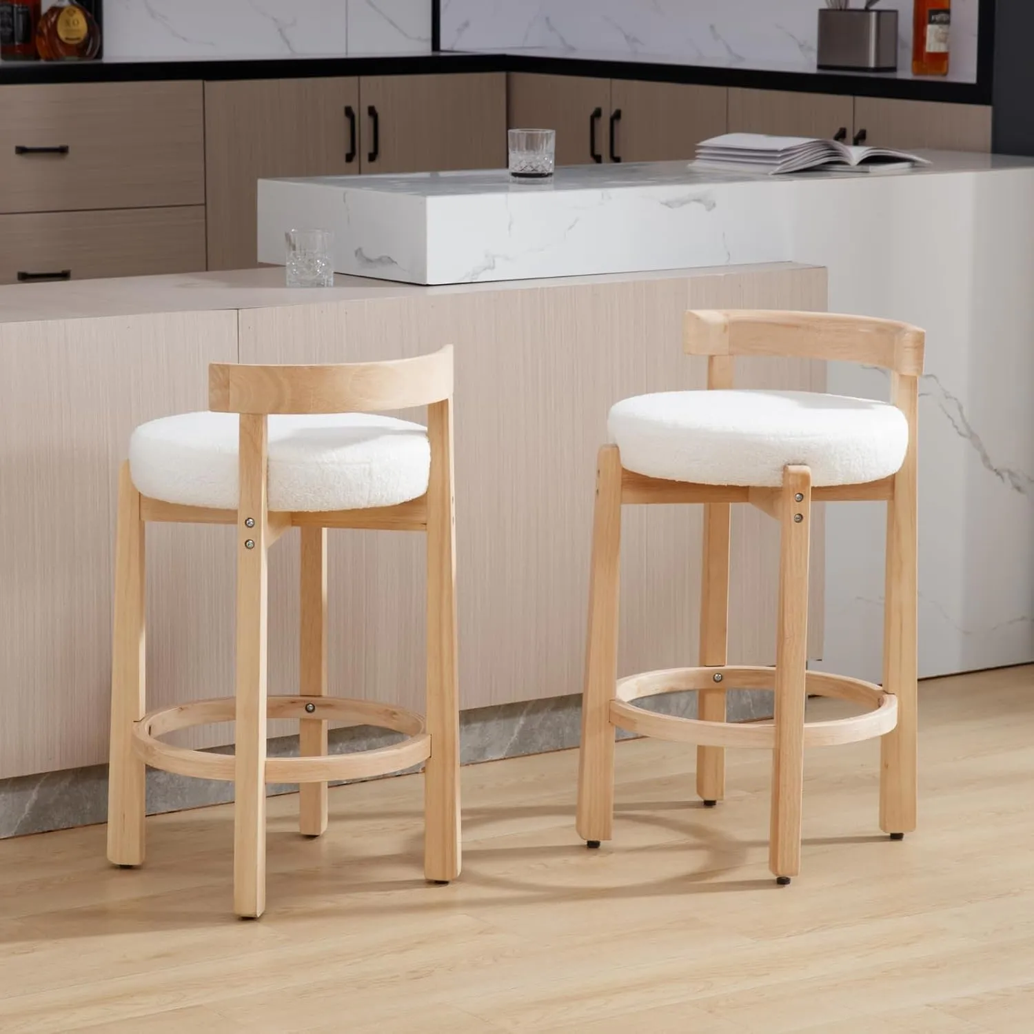 LukeAlon Sherpa Counter Stools Set of 2, Mid Century Upholstered 26.5" Seat Height Low Barstools with Natural Wood Legs Round Low Back Kitchen Stools with Footrest for Dining Room, White