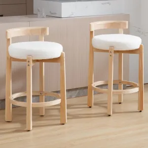 LukeAlon Sherpa Counter Stools Set of 2, Mid Century Upholstered 26.5" Seat Height Low Barstools with Natural Wood Legs Round Low Back Kitchen Stools with Footrest for Dining Room, White