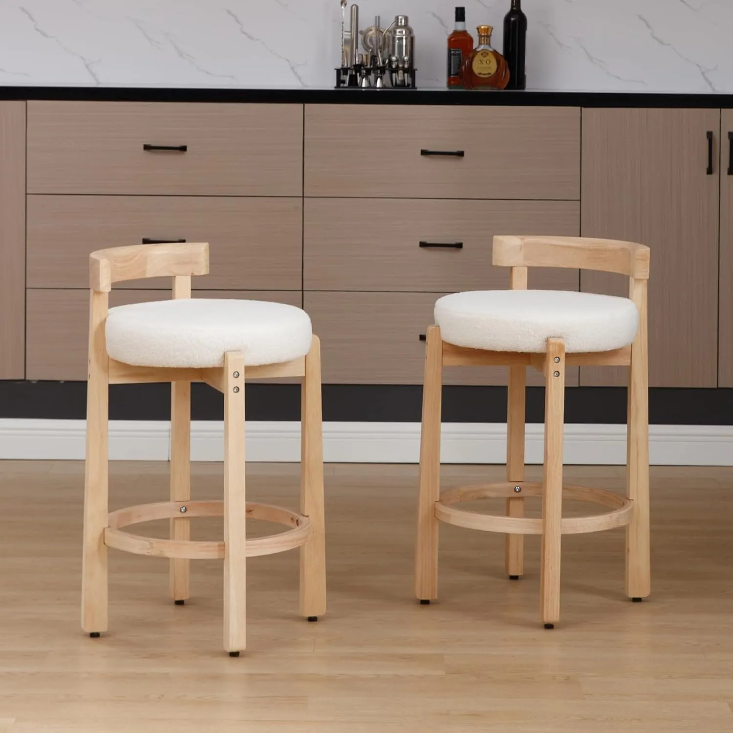 LukeAlon Sherpa Counter Stools Set of 2, Mid Century Upholstered 26.5" Seat Height Low Barstools with Natural Wood Legs Round Low Back Kitchen Stools with Footrest for Dining Room, White