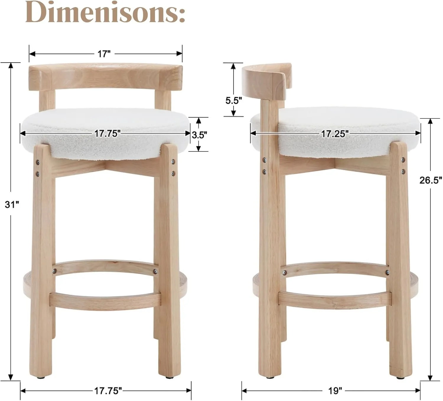 LukeAlon Sherpa Counter Stools Set of 2, Mid Century Upholstered 26.5" Seat Height Low Barstools with Natural Wood Legs Round Low Back Kitchen Stools with Footrest for Dining Room, White