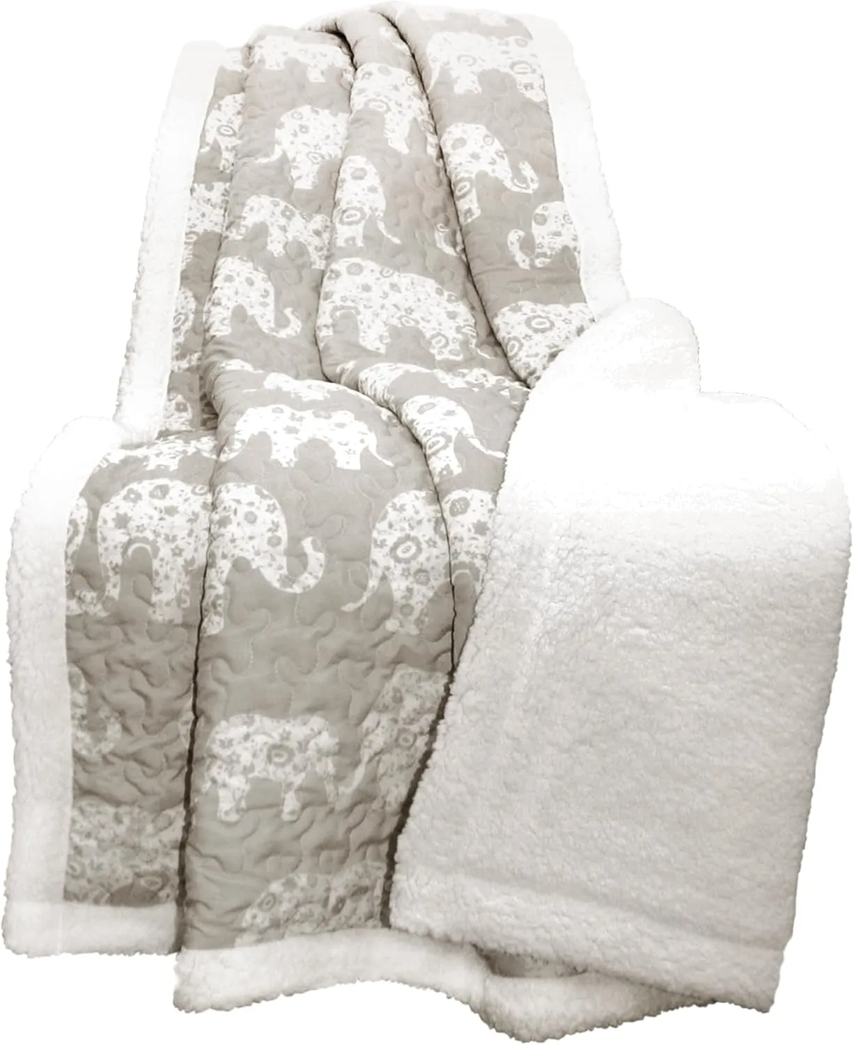 Lush Decor - Throw, Reversible Sherpa Blanket, Quilted Whimsical Design, Animal Printed, Ideal for Bed, Couch, or Chair (Elephant Parade Gray, 50" x 60")