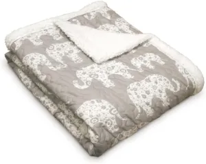 Lush Decor - Throw, Reversible Sherpa Blanket, Quilted Whimsical Design, Animal Printed, Ideal for Bed, Couch, or Chair (Elephant Parade Gray, 50" x 60")