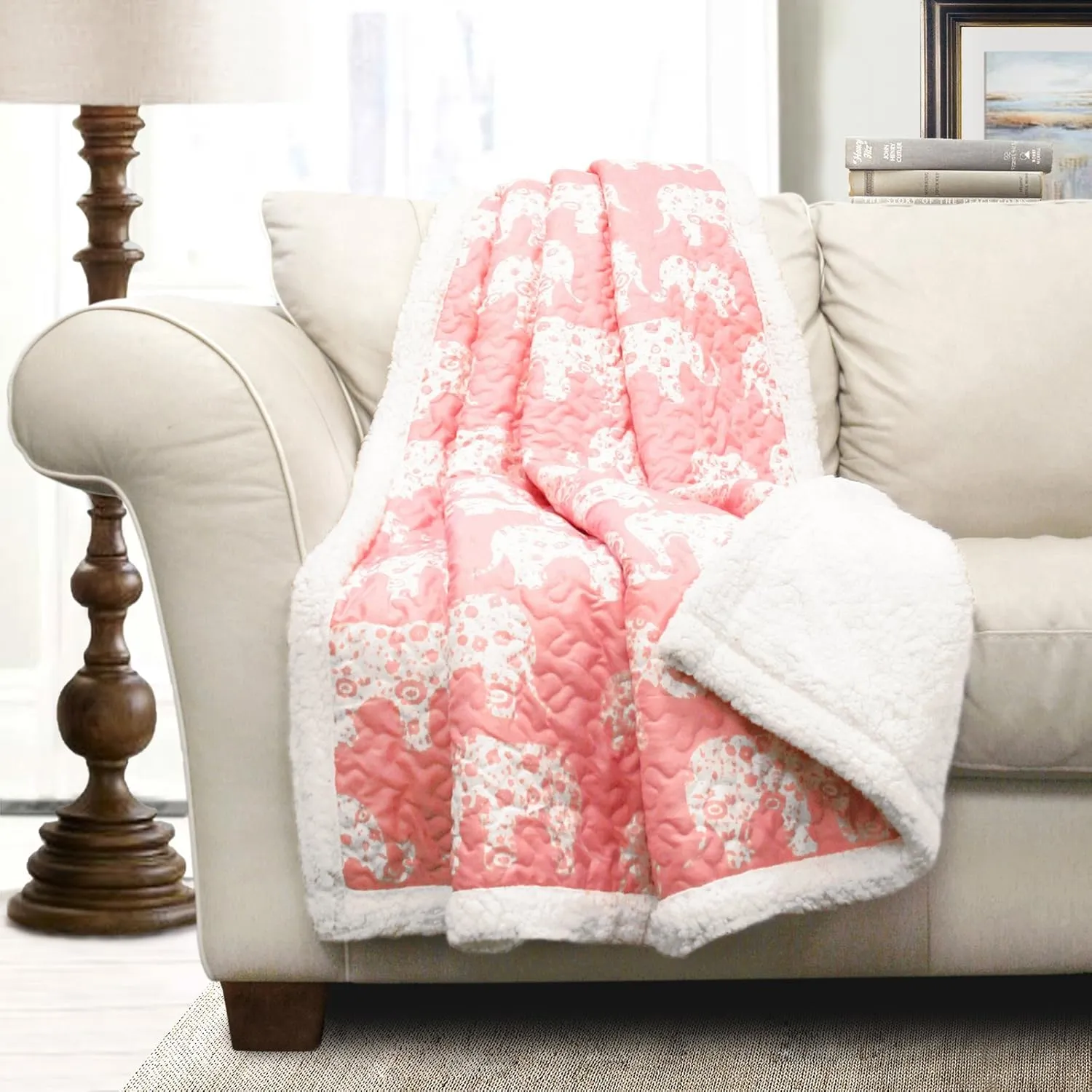 Lush Decor - Throw, Reversible Sherpa Blanket, Quilted Whimsical Design, Animal Printed, Ideal for Bed, Couch, or Chair (Elephant Parade Gray, 50" x 60")