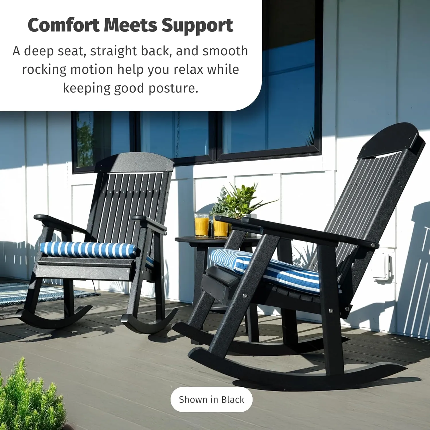 LuxCraft Outdoor Rocking Chair for Patio, Lawn, Camping, Yard, All Weather Rocking Chairs for Outside, Ergonomic Oversized Chair with Wide Armrests - Amish Made in USA (Dove Gray & Black)