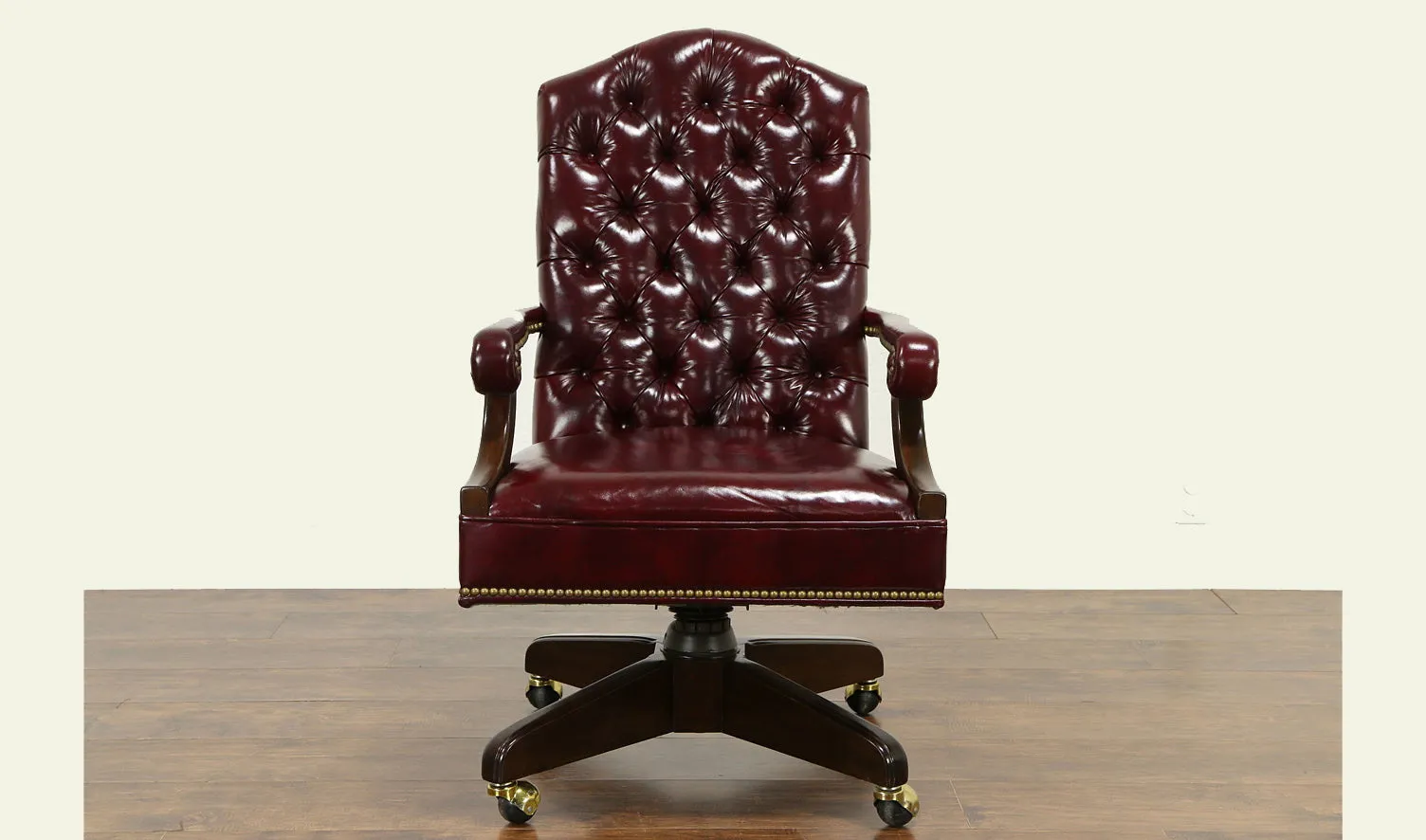 Luxury Office Director Chair Tufted Design Made in Solid wood with Leatherette and Soft Padded - Armrest and Swivel Base and Polish- Dark-Red Cherry