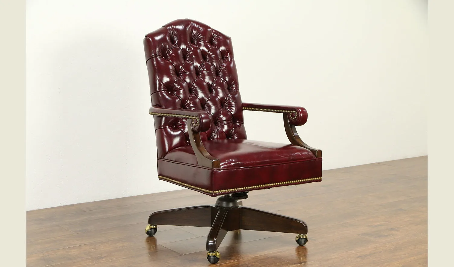 Luxury Office Director Chair Tufted Design Made in Solid wood with Leatherette and Soft Padded - Armrest and Swivel Base and Polish- Dark-Red Cherry