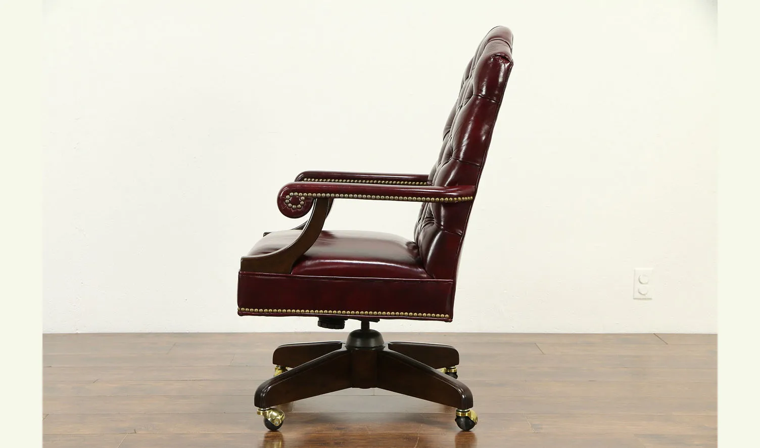 Luxury Office Director Chair Tufted Design Made in Solid wood with Leatherette and Soft Padded - Armrest and Swivel Base and Polish- Dark-Red Cherry