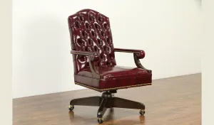 Luxury Office Director Chair Tufted Design Made in Solid wood with Leatherette and Soft Padded - Armrest and Swivel Base and Polish- Dark-Red Cherry
