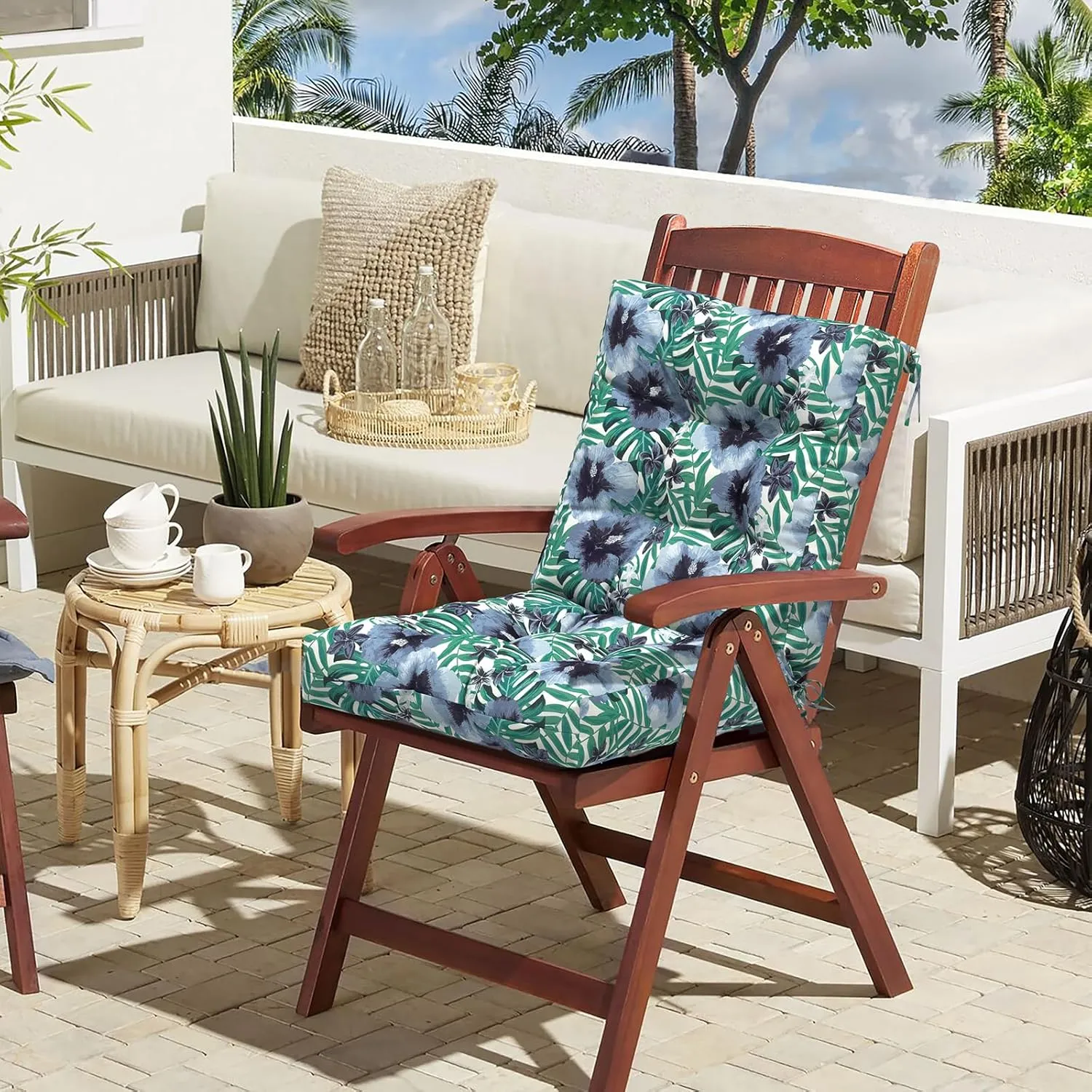 LVTXIII Outdoor Low Back Chair Cushions, Seasonal Replacement Adirondack Chair Cushion with Ties, Patio Waterproof Seat Cushions for Home Garden Use, 21 W x 21 D, Set of 2, Blue Salmone Tropical