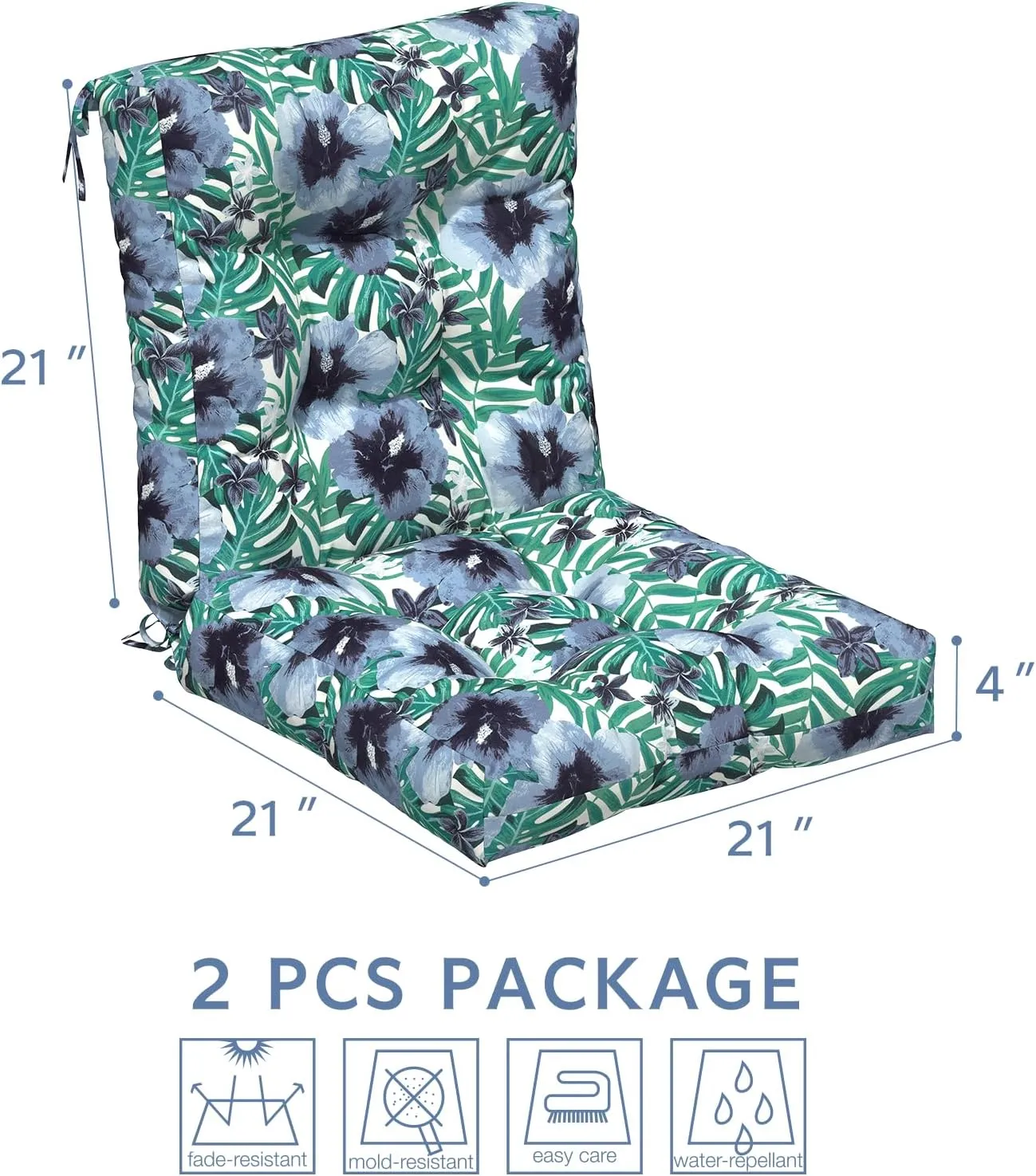 LVTXIII Outdoor Low Back Chair Cushions, Seasonal Replacement Adirondack Chair Cushion with Ties, Patio Waterproof Seat Cushions for Home Garden Use, 21 W x 21 D, Set of 2, Blue Salmone Tropical