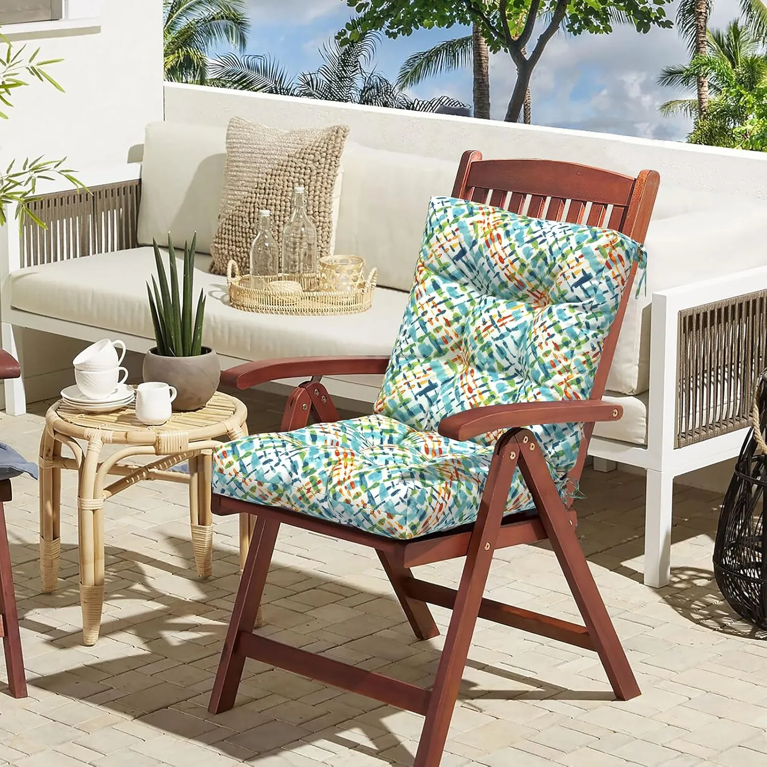 LVTXIII Outdoor Tufted Low Back Cushions Set of 2 Patio Seasonal Replacement Rocking Chair Cushion with Ties, Solid Seat and Back Chair Cushion, 42 L x 21W, Acapa Opal Geometric