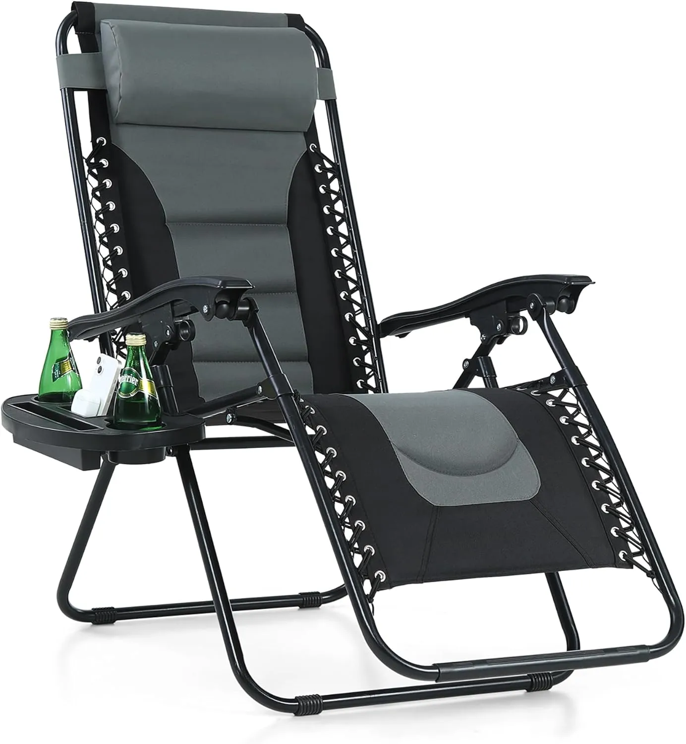 MAISON ARTS Padded Zero Gravity Lawn Chair Foldable Patio Recliner Anti Gravity Lounge Chair w/Pillow & Cup Holder Outdoor Camp Chair for Poolside Backyard Beach, Support 350LBS, Grey