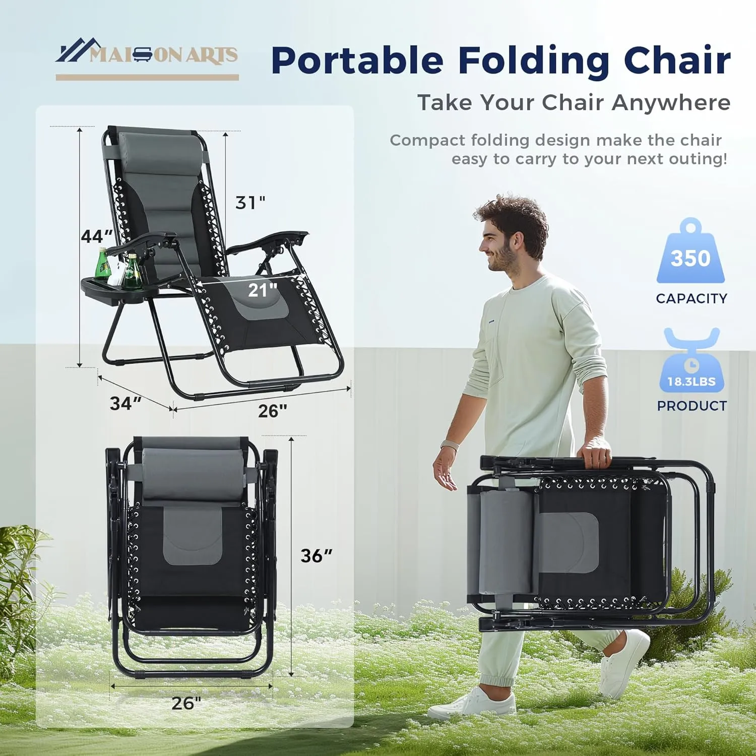 MAISON ARTS Padded Zero Gravity Lawn Chair Foldable Patio Recliner Anti Gravity Lounge Chair w/Pillow & Cup Holder Outdoor Camp Chair for Poolside Backyard Beach, Support 350LBS, Grey