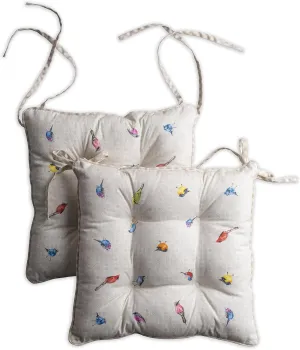 Maison d' Hermine Chairpads 100% Cotton Set of 2 Decorative Chair Pads with Ties Polyester Filling Cushion/Pillow for Office, Kitchen & Living Room, Birdies On Wire - Spring/Summer (16 Inch x 16 Inch)