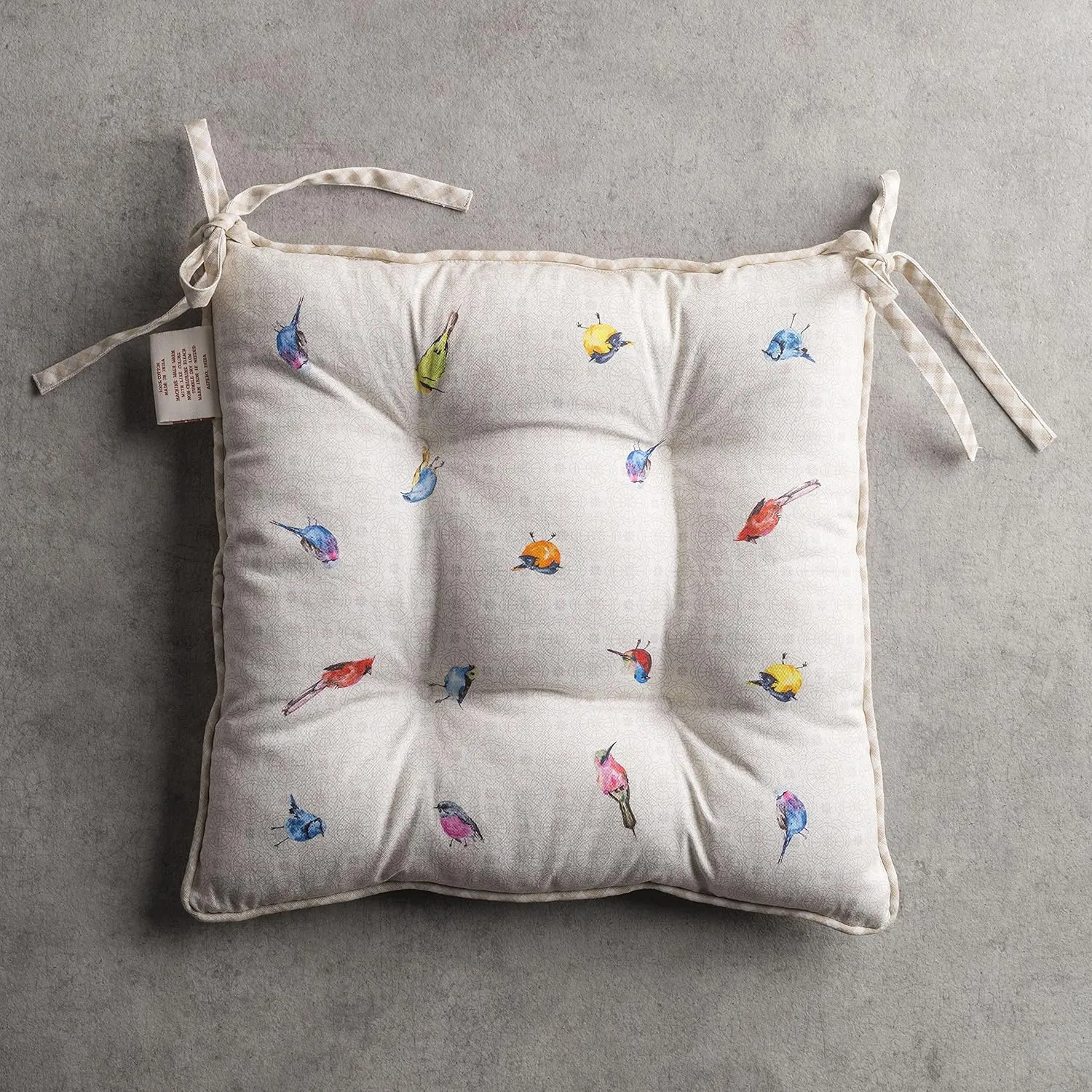 Maison d' Hermine Chairpads 100% Cotton Set of 2 Decorative Chair Pads with Ties Polyester Filling Cushion/Pillow for Office, Kitchen & Living Room, Birdies On Wire - Spring/Summer (16 Inch x 16 Inch)