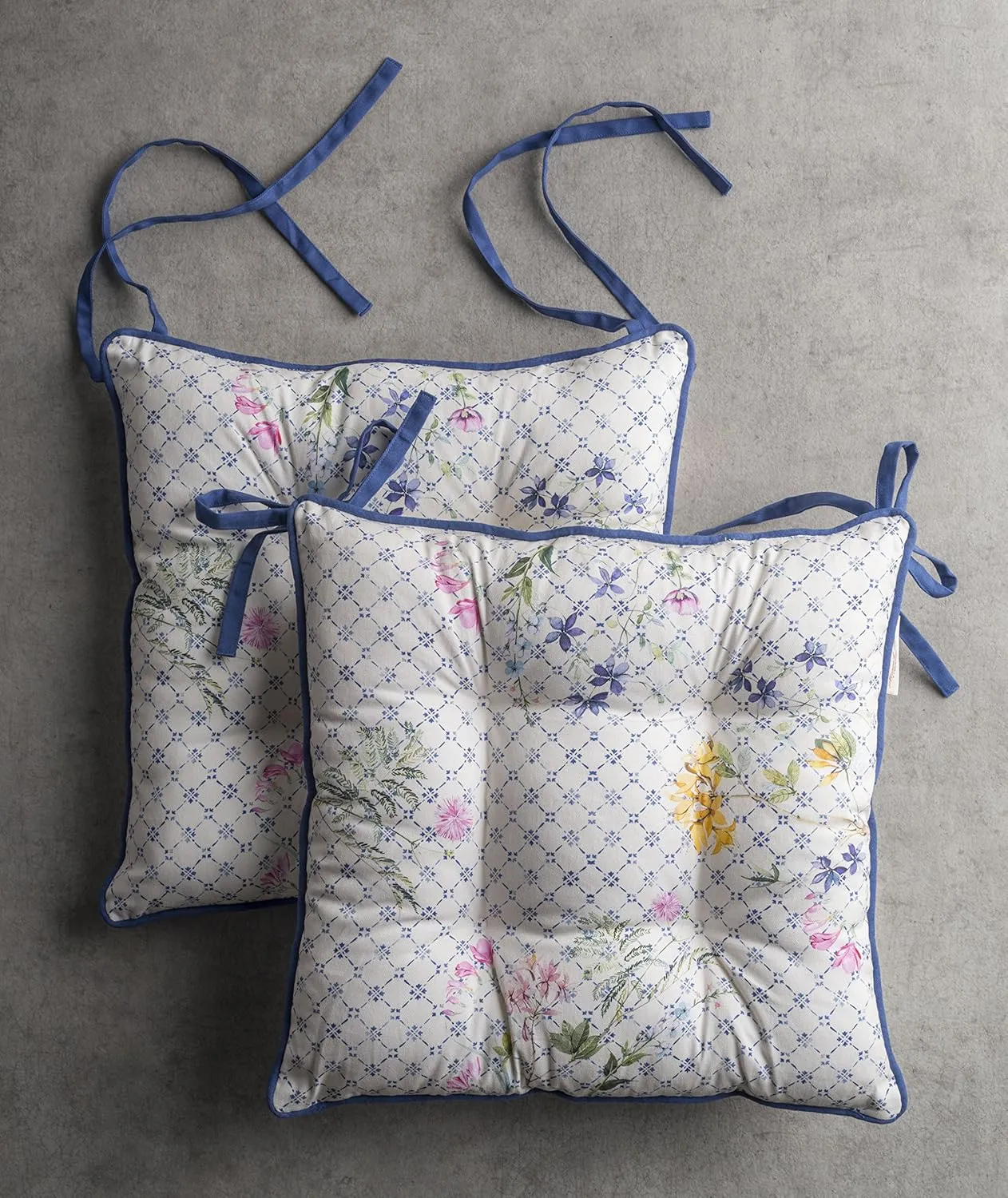 Maison d' Hermine Chairpads 16"x16" 100% Cotton Comfortable Set of 2 Chair Pads with Ties Polyester Filling Cushion/Pillow for Dining, Office, Kitchen, Home & Living Room, Faience - Spring/Summer