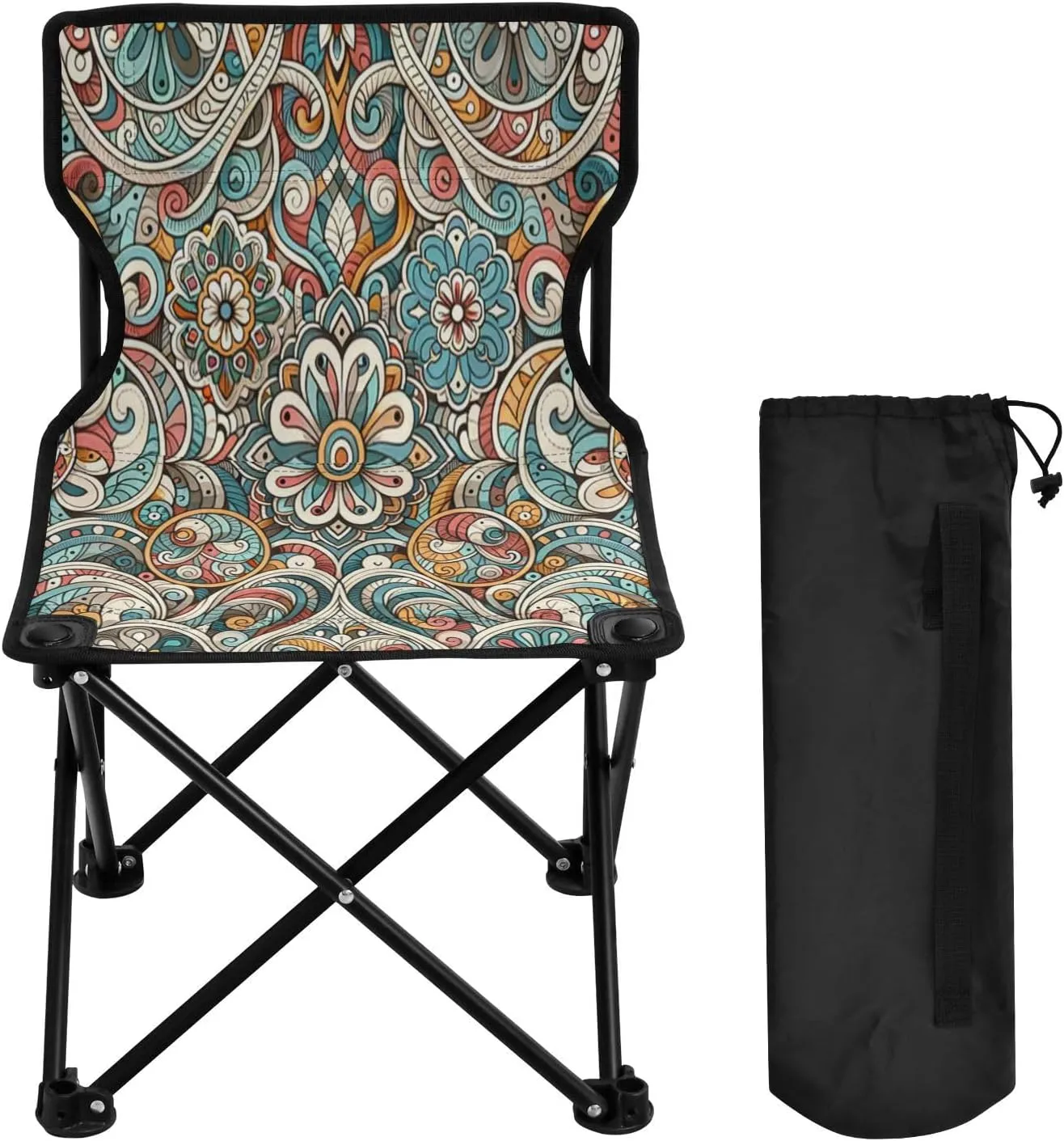Mandala Flower Texture Portable Outdoor Folding Chair Anti-Slip Padded Oxford Cloth Stool Camping Chair Small for Beach Hiking Fishing Gardening Quad Camp Chair