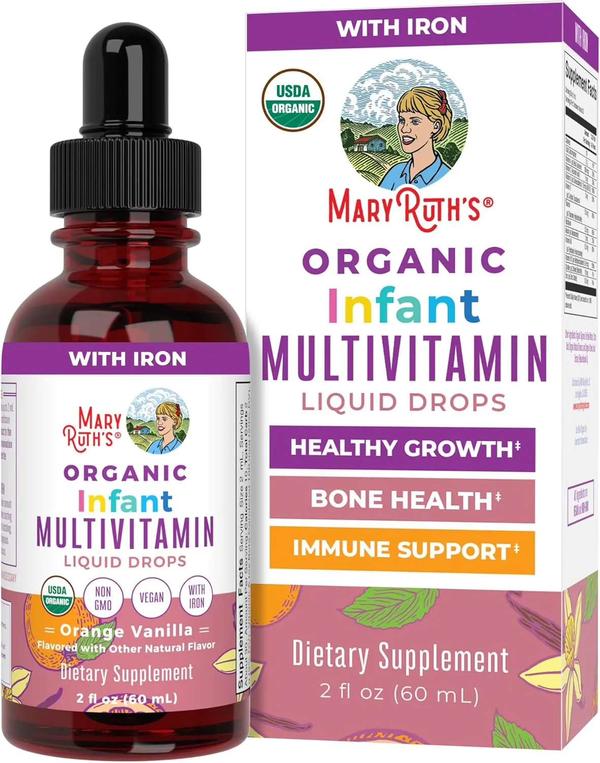MaryRuth Organics Multivitamin with Iron for Infants | USDA Organic | Liquid Drops for Babies 6-12 Months | Immune Support & Overall Wellness | Vegan | Non-GMO | Gluten Free | 2 Fl Oz