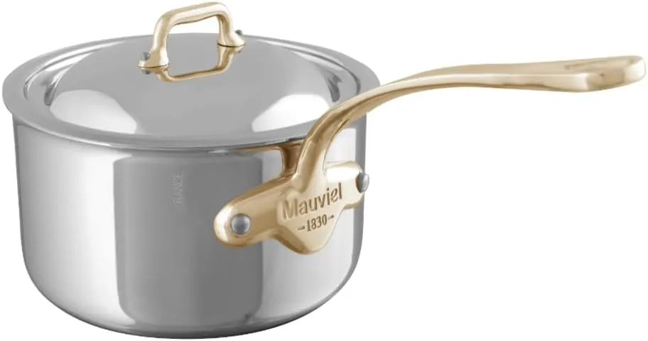 Mauviel M'Cook B 5-Ply Polished Stainless Steel Sauce Pan With Lid, And Brass Handle, 1.2-qt, Made In France