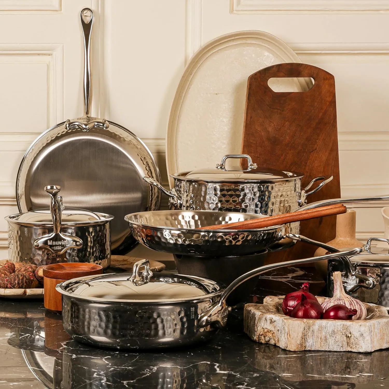 Mauviel M'Elite 5-Ply Hammered Polished Stainless Steel Paella Pan With Cast Stainless Steel Handles, 15.7-in, Made in France