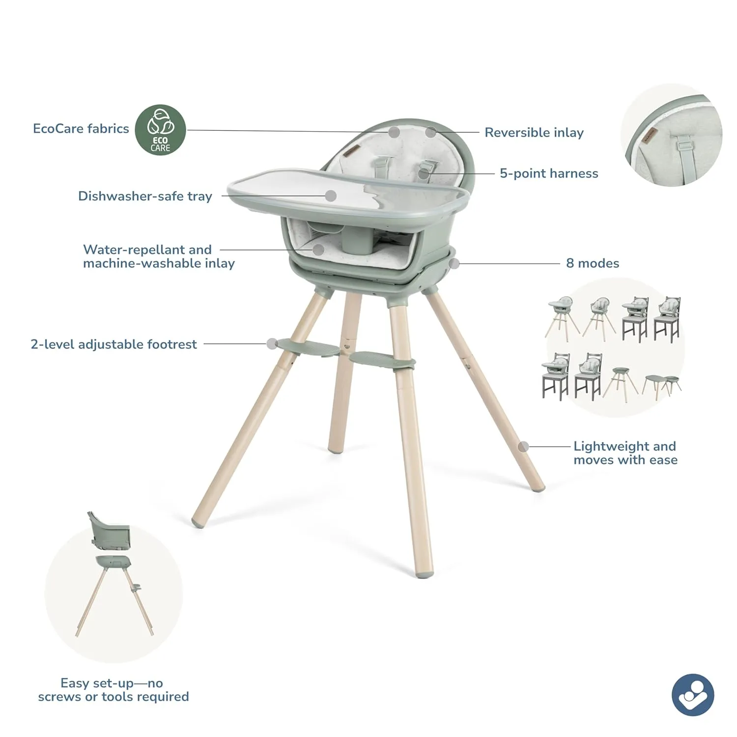 Maxi-Cosi Moa 8-in-1 High Chairs for Babies and Toddlers, Machine Washable Infant High Chair, Compact, Convertible High Chair Lightweight Design, Classic Green