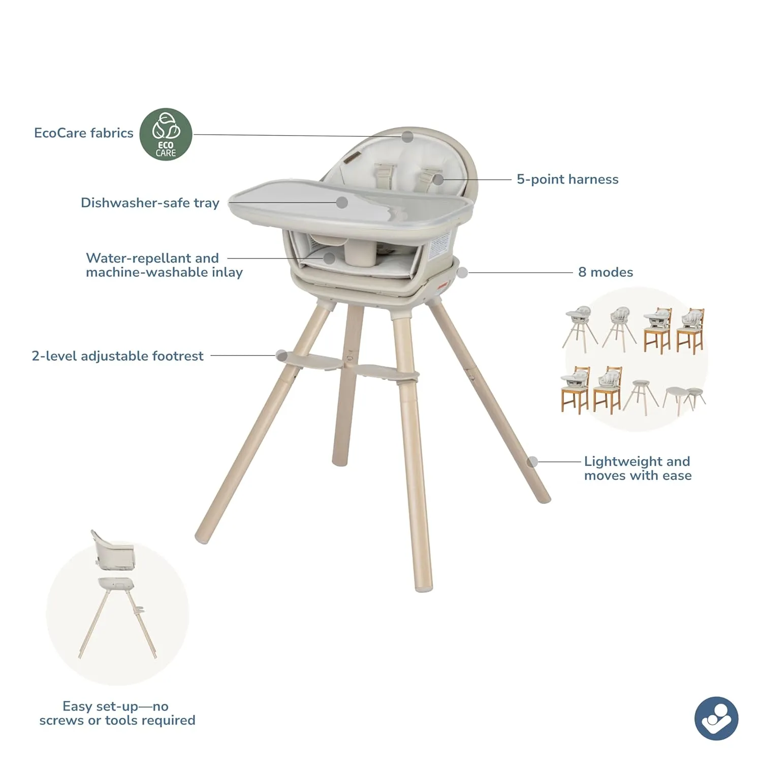 Maxi-Cosi Moa 8-in-1 High Chairs for Babies and Toddlers, Machine Washable Infant High Chair, Compact, Convertible High Chair Lightweight Design, Classic Oat