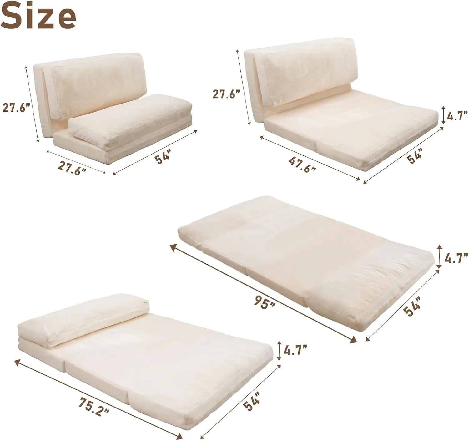 MAXYOYO Bean Bag Bed Folding Sofa Bed Floor Mattress for Adults, Extra Thick and Long Floor Sofa with Faux Fur Washable Cover, Full Floor Couch Bed for Bedroom Living Room, Cream White, 54x95 Inch