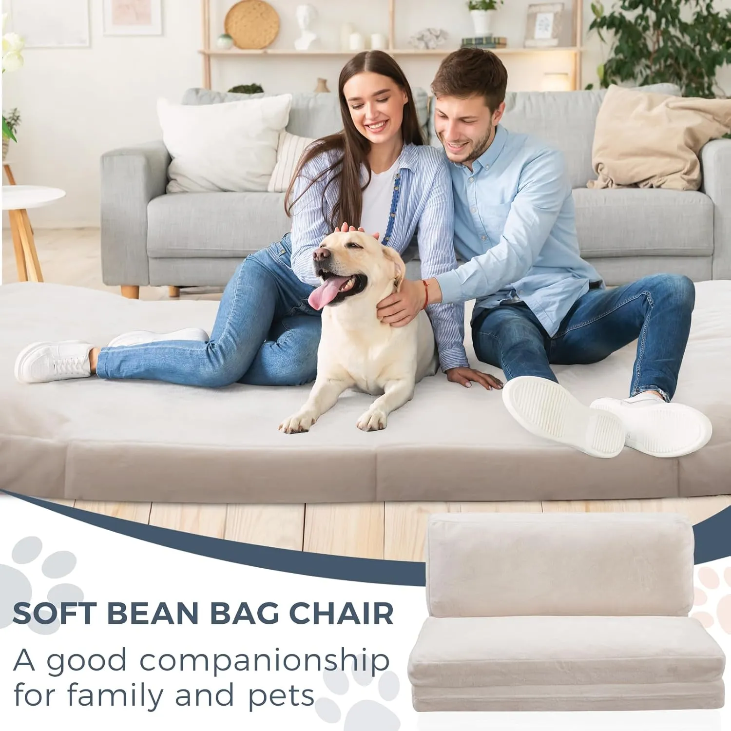 MAXYOYO Bean Bag Bed Folding Sofa Bed Floor Mattress for Adults, Extra Thick and Long Floor Sofa with Faux Fur Washable Cover, Full Floor Couch Bed for Bedroom Living Room, Cream White, 54x95 Inch